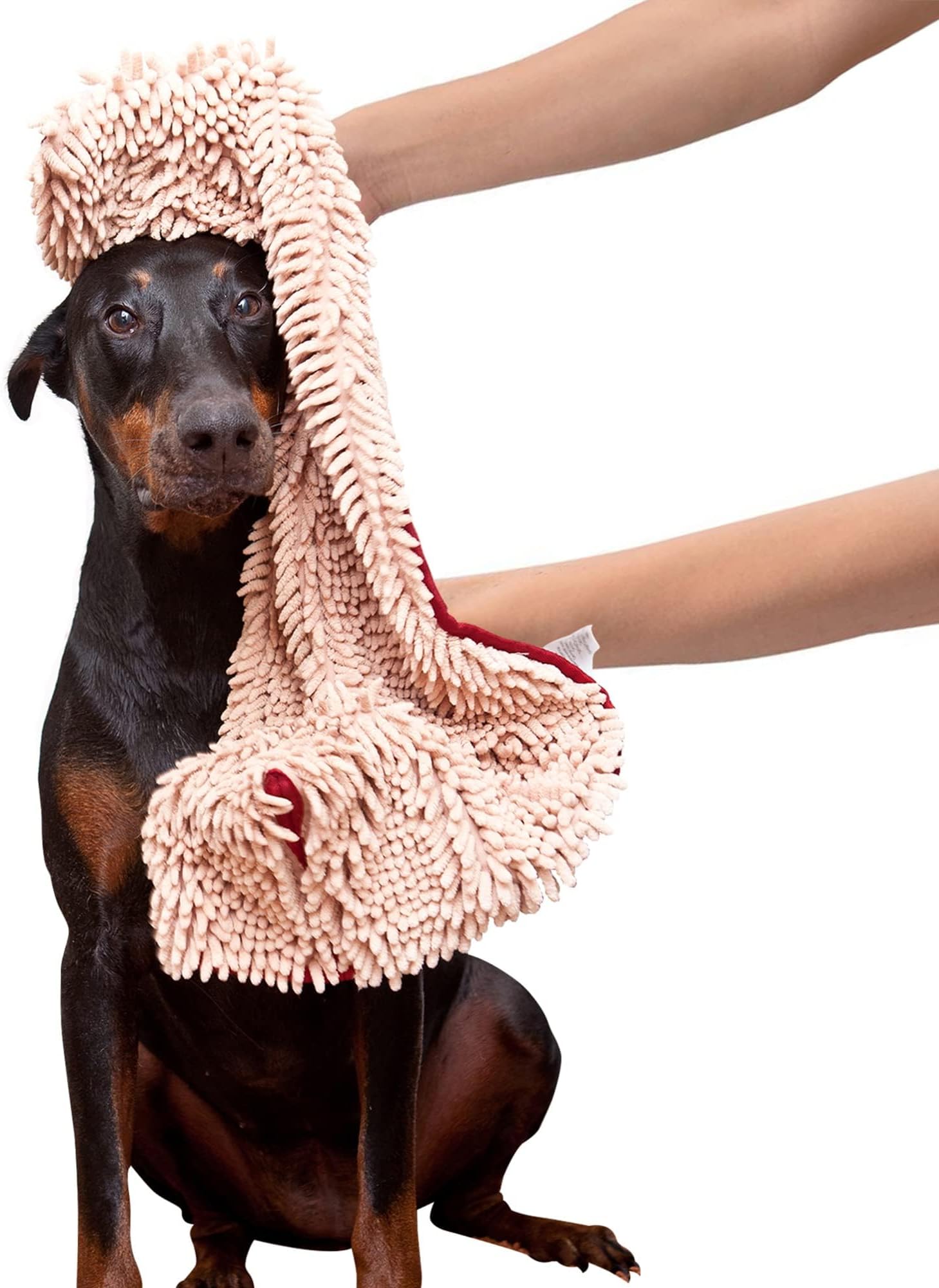 Soggy Doggy Super Shammy Dog Towel – Absorbent Microfiber Chenille Pet Towel for Drying Wet Dogs, Muddy Paws, Quick Dry Dog Shammy with Hand Pockets, Machine Washable – Beige/Red Trim, 31” x 14”