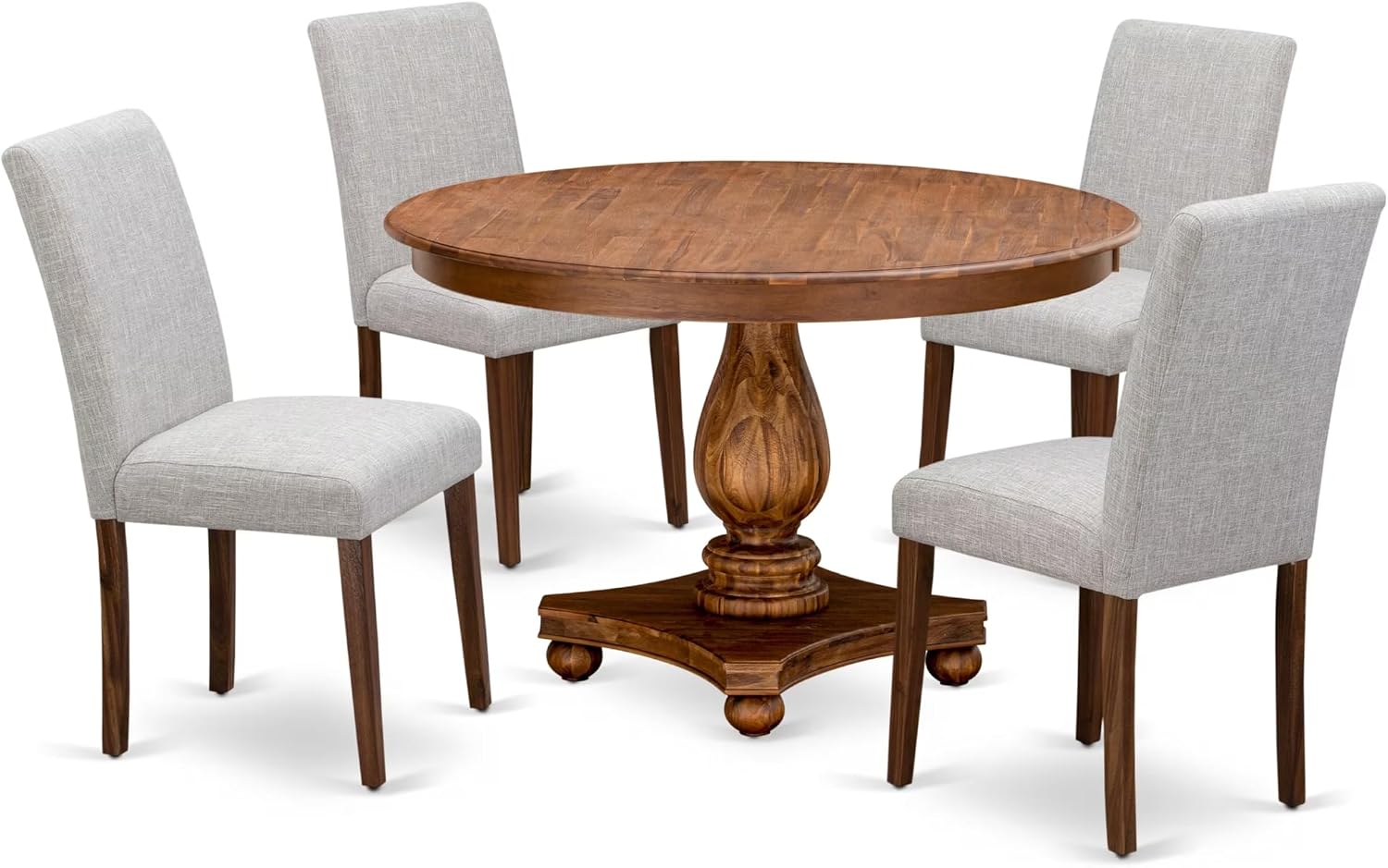 East West Furniture F2AB5-N35 5 Piece Dining Table Set Includes a Round Dining Room Table with Pedestal and 4 Doeskin Linen Fabric Parsons Chairs, 48x48 Inch, Distressed Jacobean