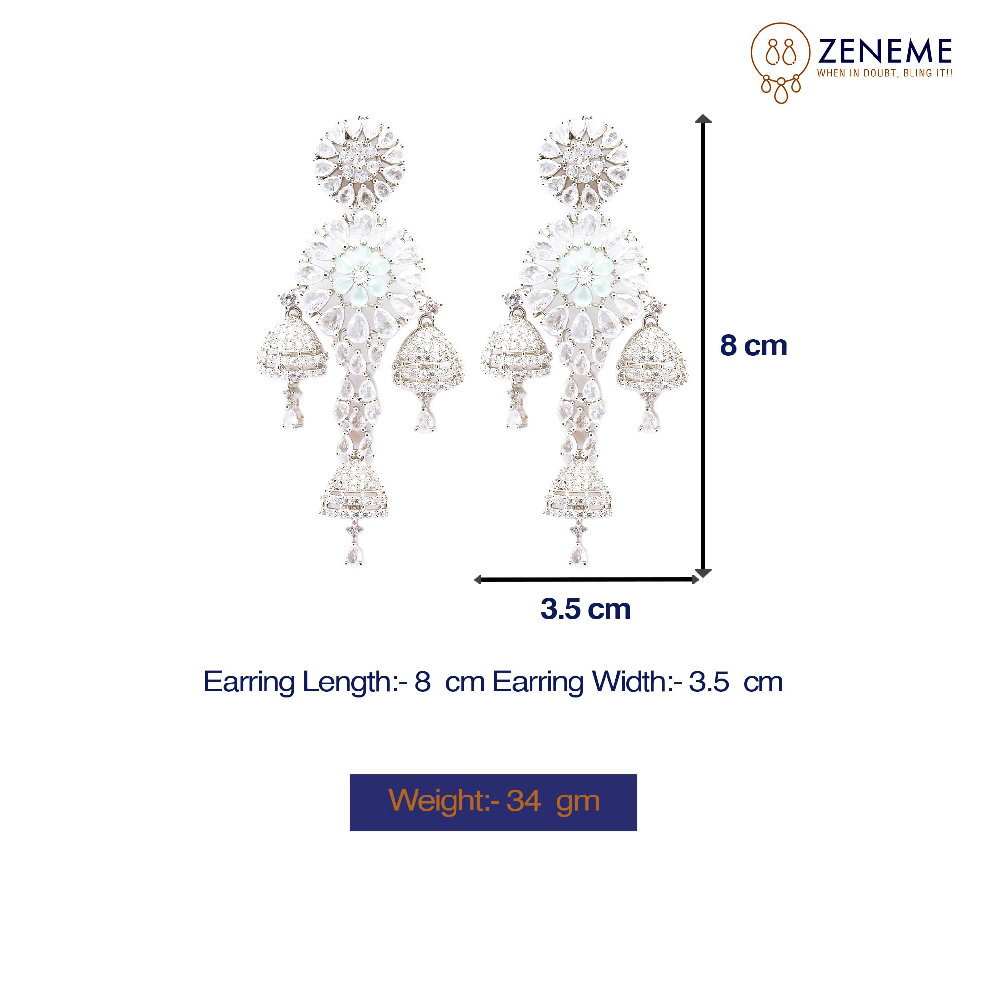 Rhodium-Plated Circular Drop Earrings with American Diamond Studs