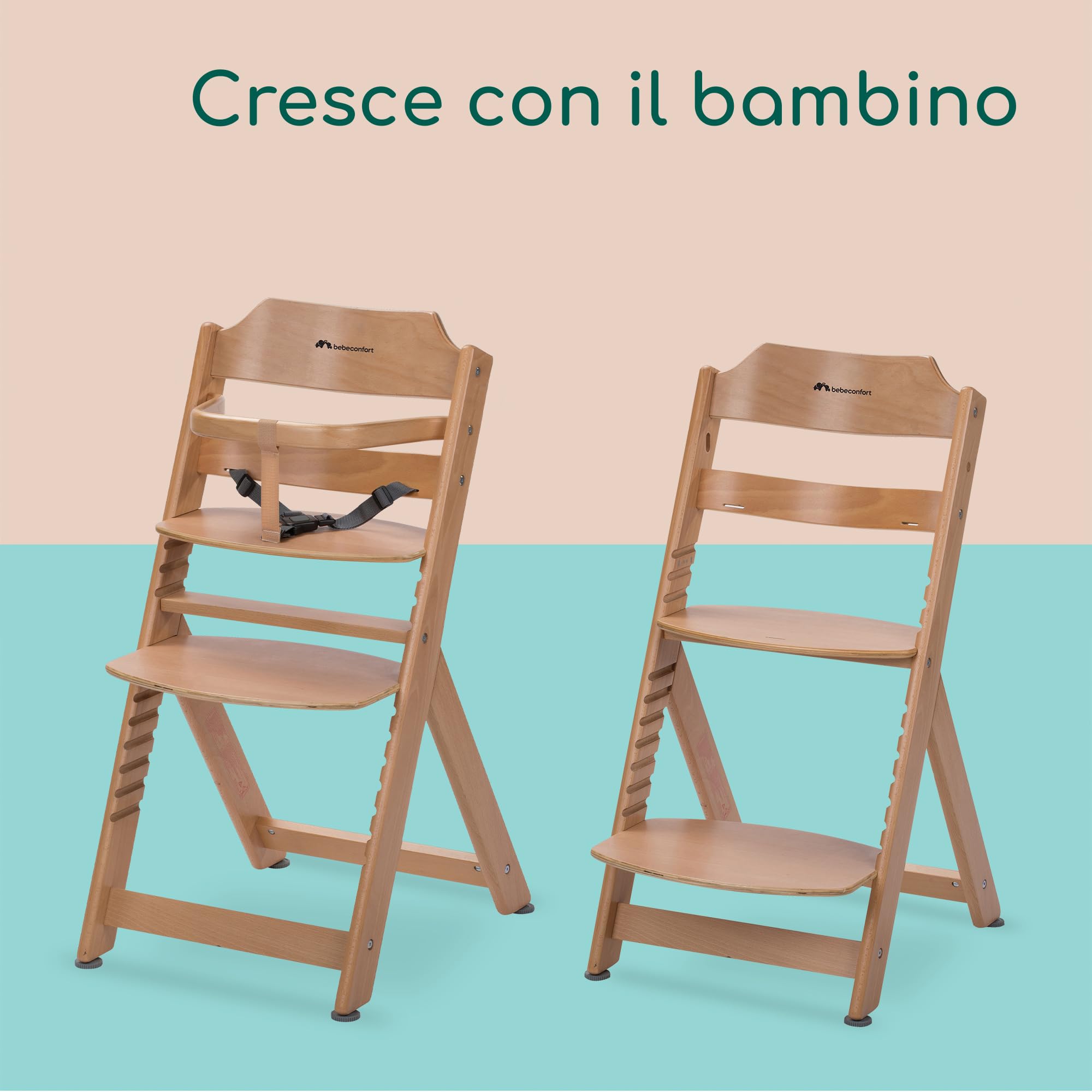 Bebeconfort Timba Seggiolone Evolutivo in Legno, 6 mesi-99 anni, 110 kg, Seggiolone Pappa per Bambini con Vassoio, Seduta e Poggiapiedi Regolabili, Compatibile con Sdraietta Timba Baby,Legno Naturale