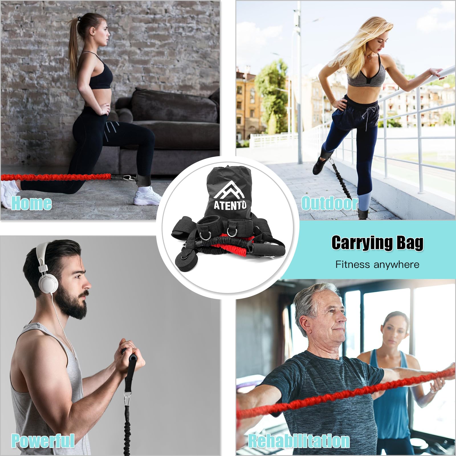 ATENTO Widerstandsbänder für Beine und Po, Fitness-Gummiband mit Griffen, Fitnessgürtel, 4-teiliges Trainingsband für Damen und Herren, Beintag, Ganzkörper-Routine-Übung mit Türanker, Knöchelriemen,
