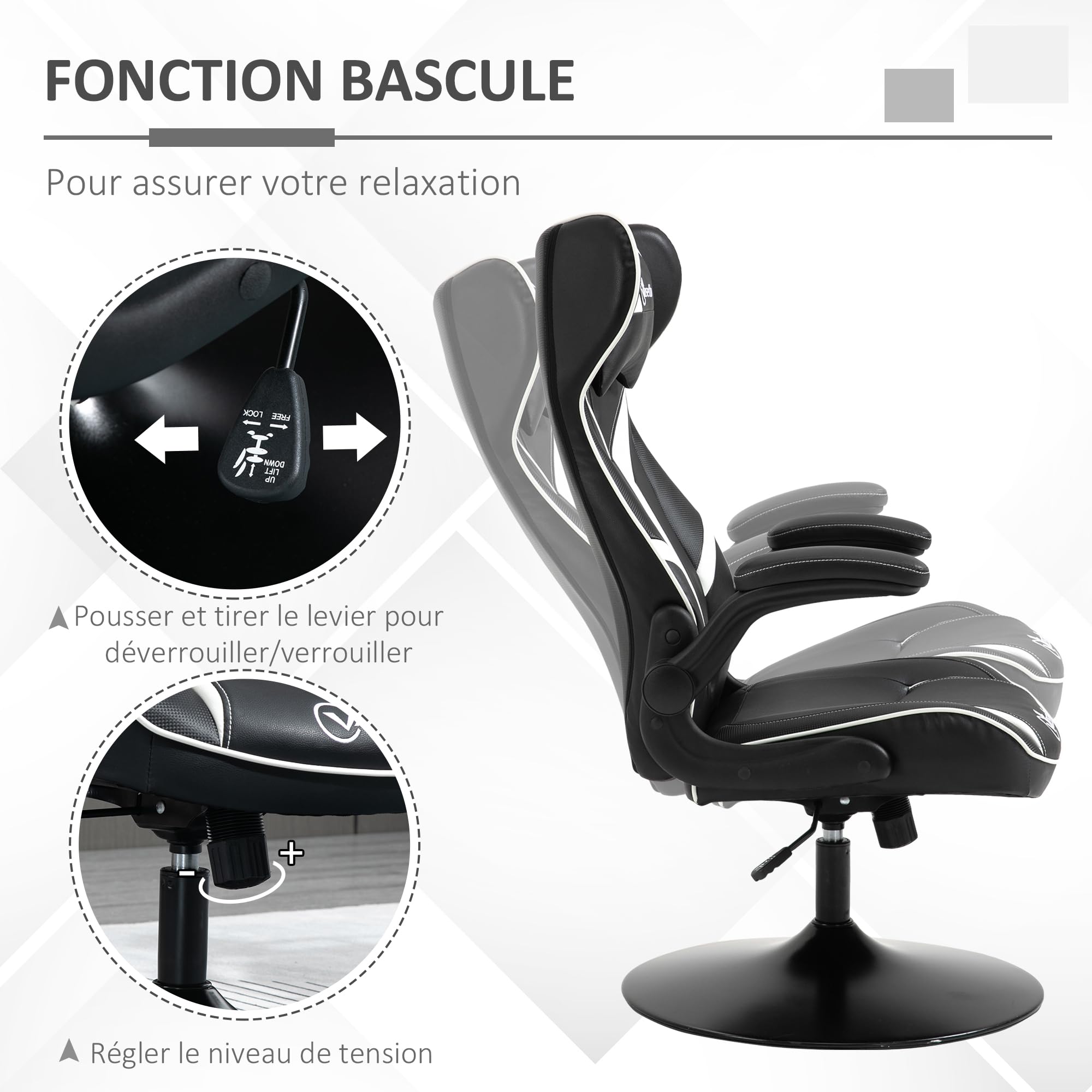 Vinsetto Fauteuil Gamer Chaise de Jeu Gaming pivotante 360° Ergonomique Hauteur réglable accoudoirs revelables Coussin têtière Inclus revêtement Similicuir 67 x 70 x 106-112 cm Blanc et Noir