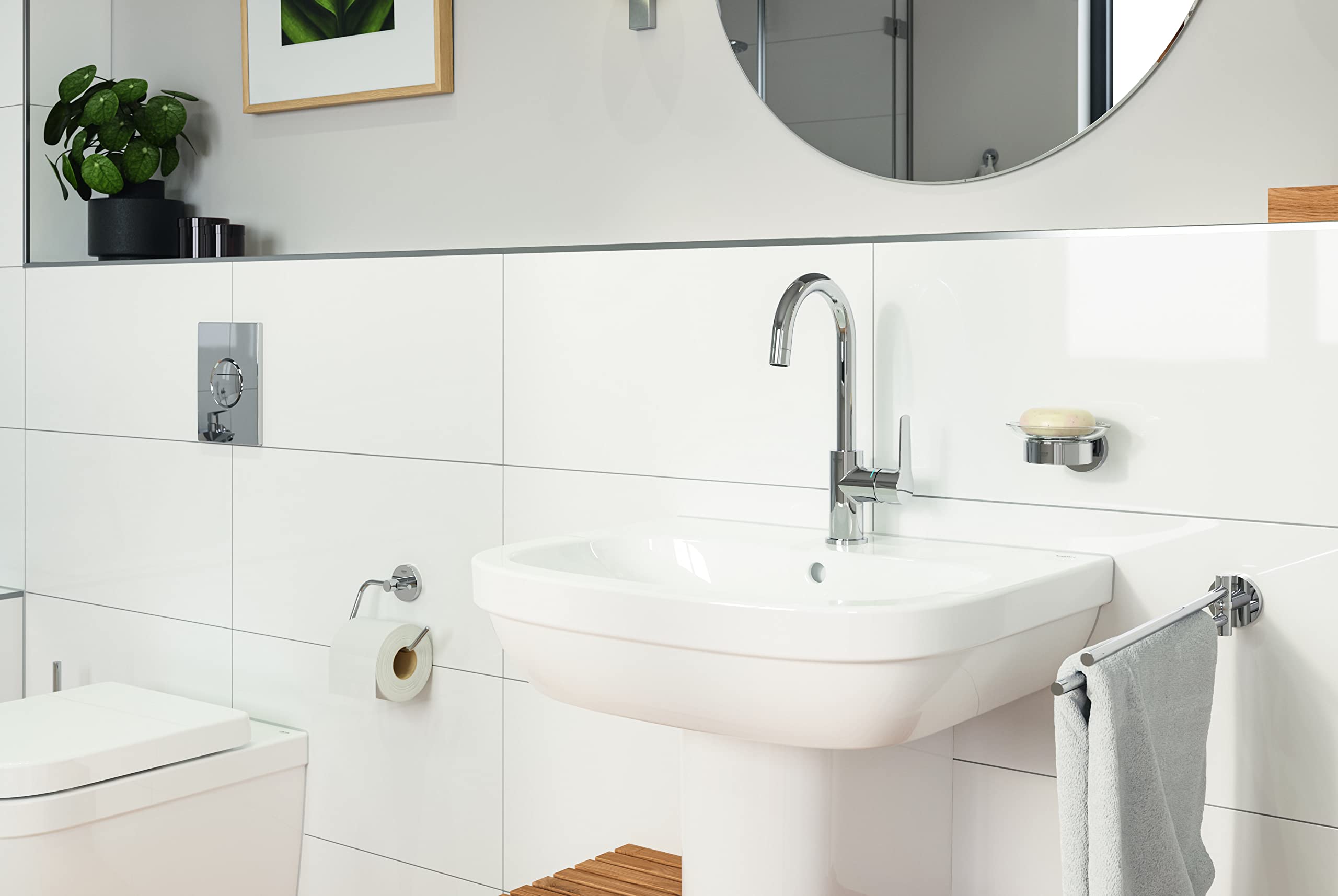 GROHE Start, Waschtischarmatur hoch, wassersparend (Wasserhahn für das Bad, Badarmatur mit Zugstangen-Ablauf, 31cm hoch, mit 3in1 Werkzeug, einfache Installation am Waschbecken), chrom, 24203002