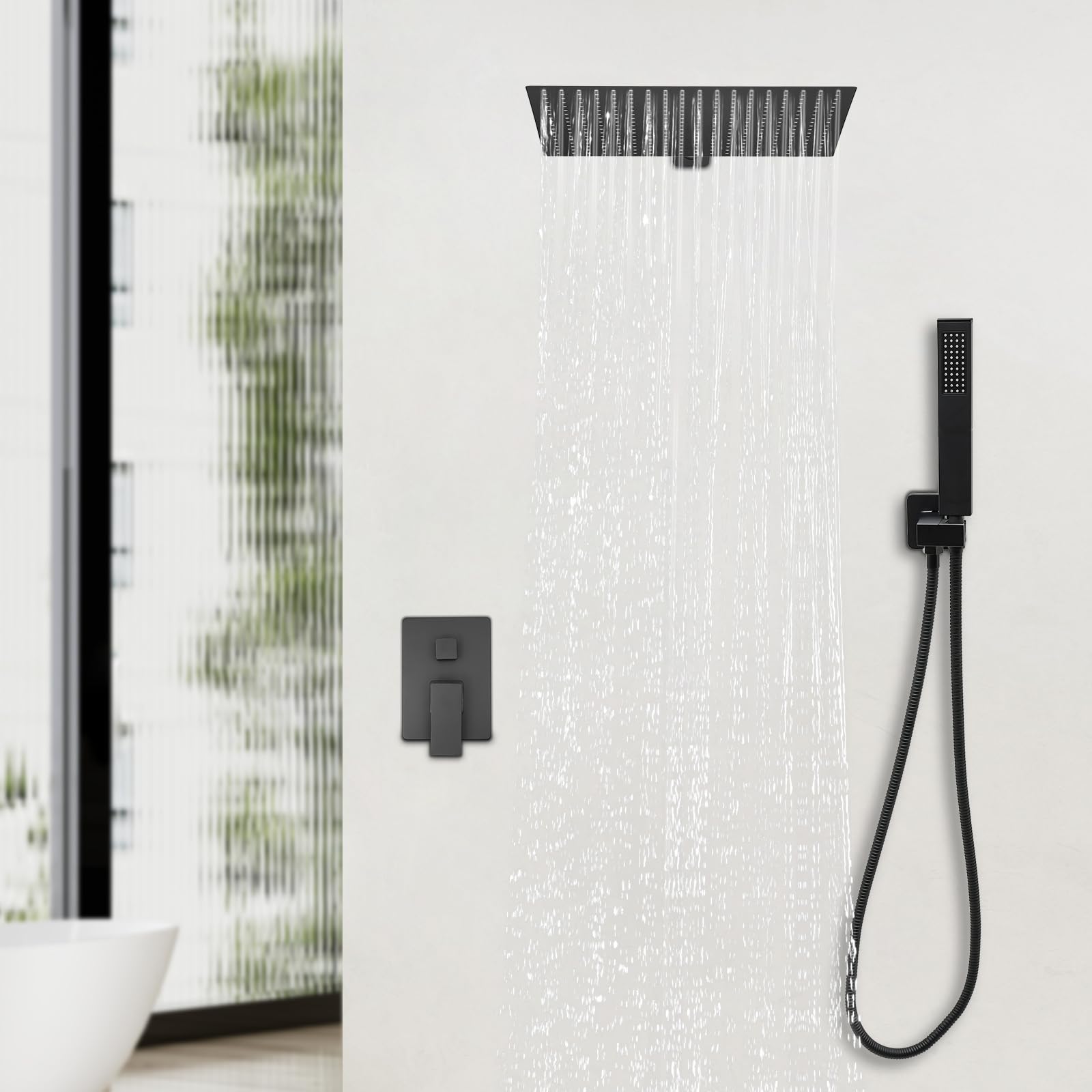 Regendusche Unterputz Duscharmatur Komplettset Wand Duschsystem inkl. 40 x 40 cm Große Quadratisch Kopfbrause, Handbrause, 360° Verstellbare Brausehalter, Schwarz