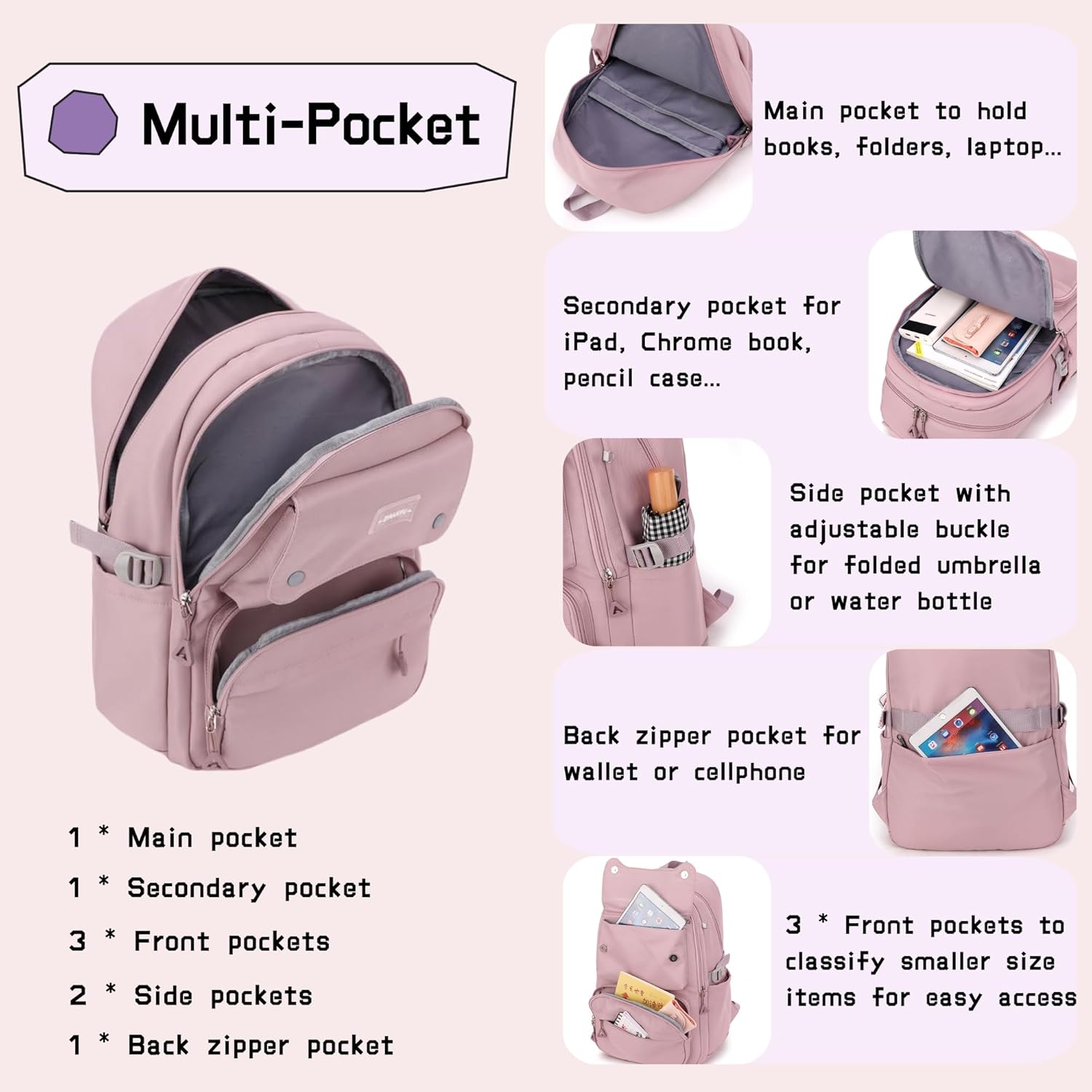 Black Kids Backpack for Girls, Middle School Bag Teen Girls Backpack Multi-Pocket Bookbags - Image 4