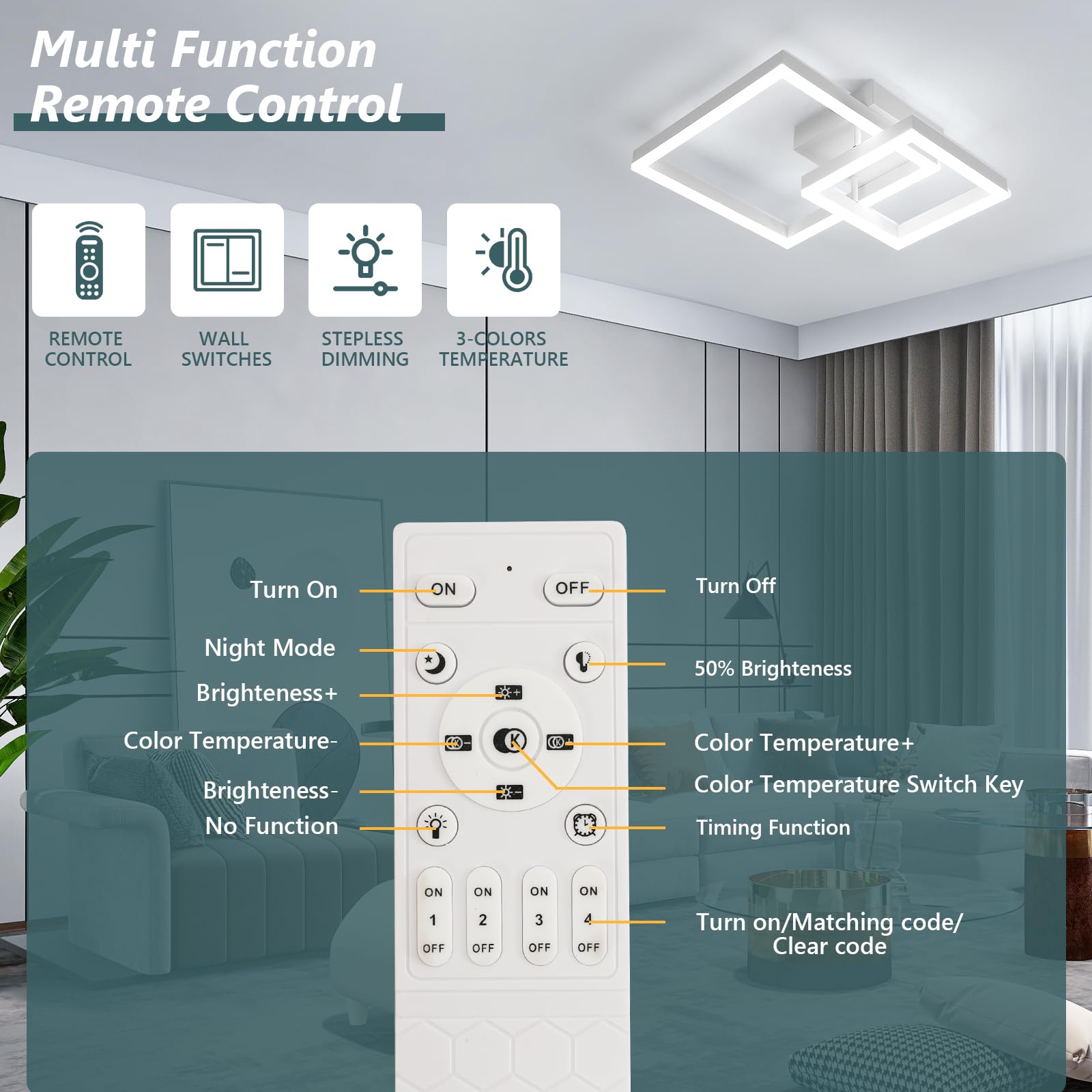 Plafoniera LED Soffitto Dimmerabile, 36W 4050LM Lampadario LED Soffitto con Telecomando 3000K-6500K, Moderna Plafoniera Quadrata per Camera da Letto Soggiorno Cucina Corridoio, Bianco, 52*42*12CM