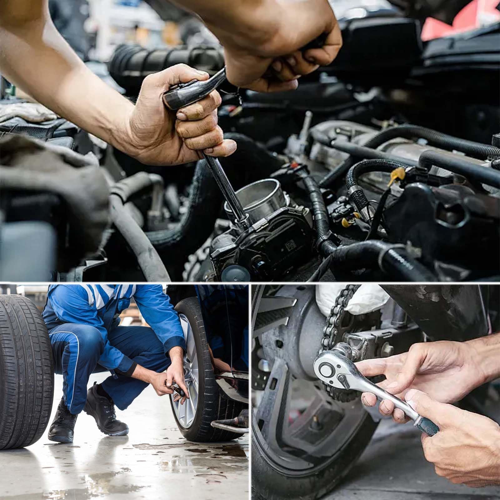 3 piezas Clé à cliquet professionnelle,Clé à cliquet télescopique1/4、1/2、3/8,Clé à Cliquet à Dégagement Rapide， Cliquet réversible 24 dents Cle a Cliquet ，Herramientas especiales para mantenimiento