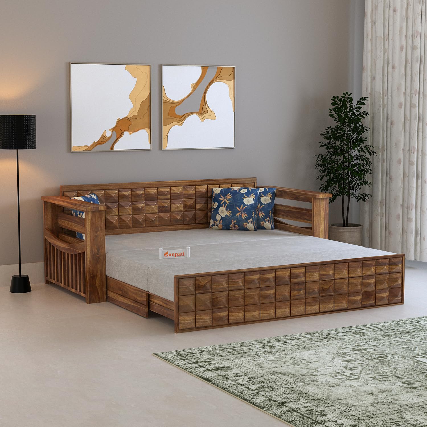 Ganpati Arts Solid Sheesham Wood Diamond 3 Seater Sofa Cum Bed with Storage and Side Pockets for Living Room Wooden Furniture Sofa Bed for Home - Teak Finish 1 Year Warranty