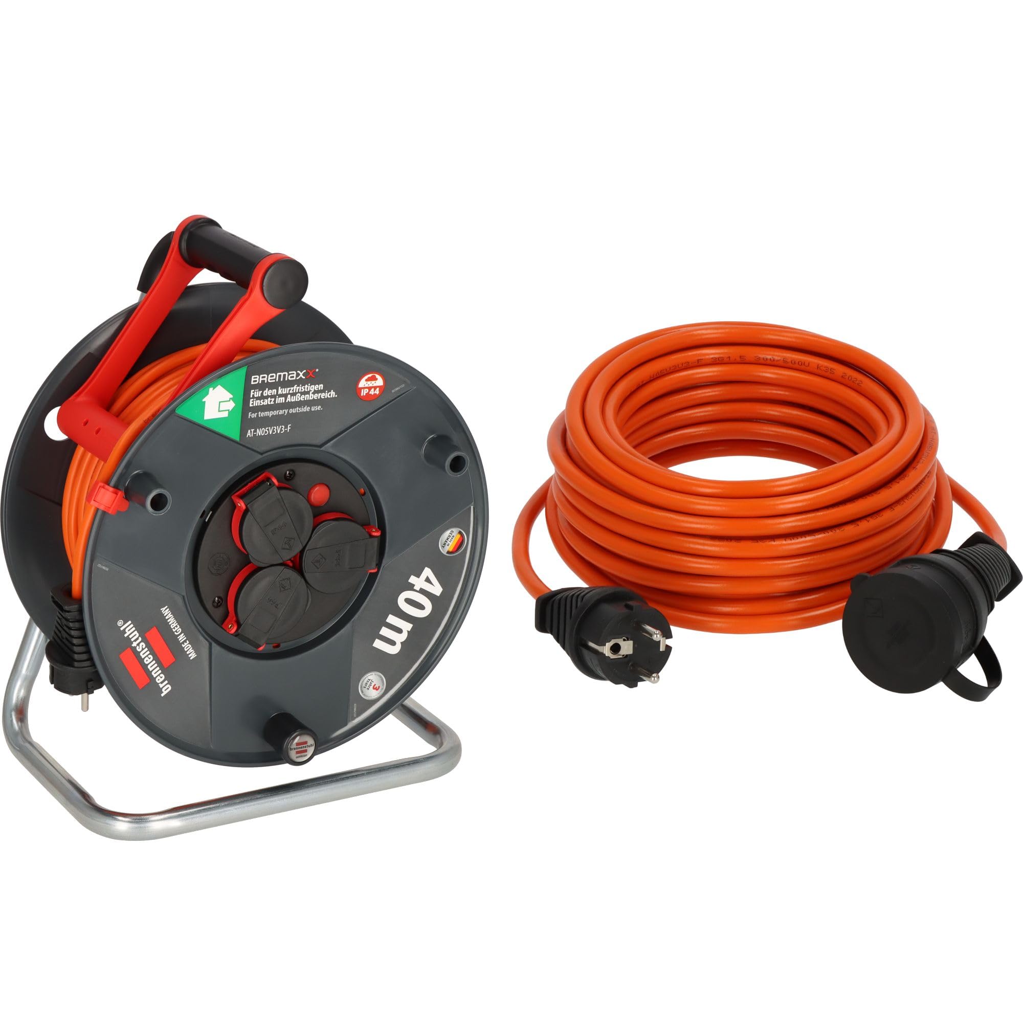 Brennenstuhl Kabeltrommel SPAR-SET 40m outdoor Garant V2 (Made in Germany, IP44) + BREMAXX Verlängerungskabel 10m (Made in Germany, IP44, einsetzbar bis -35 °C, öl- und UV-beständig)