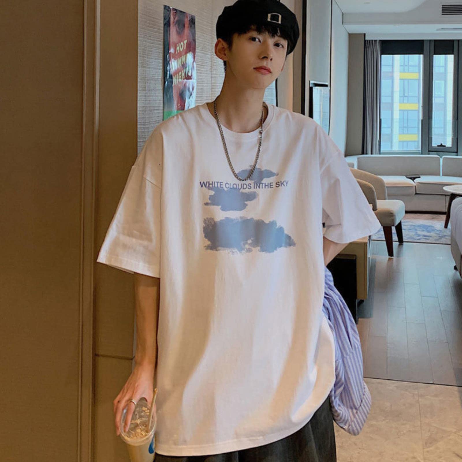 White Cloud in The Sky Graphic Men Tshirt Algodón de Manga Corta Camiseta Mombra-Z3159-Oversize-White,XXXL