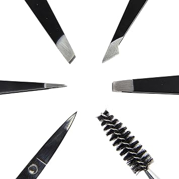 Tweezers Set - Professional Eyebrow Tweezers Set with Scissors & Brush - 6-Piece Precision Set with Case - For Eyebrows, Hairs & Splitters (Black)