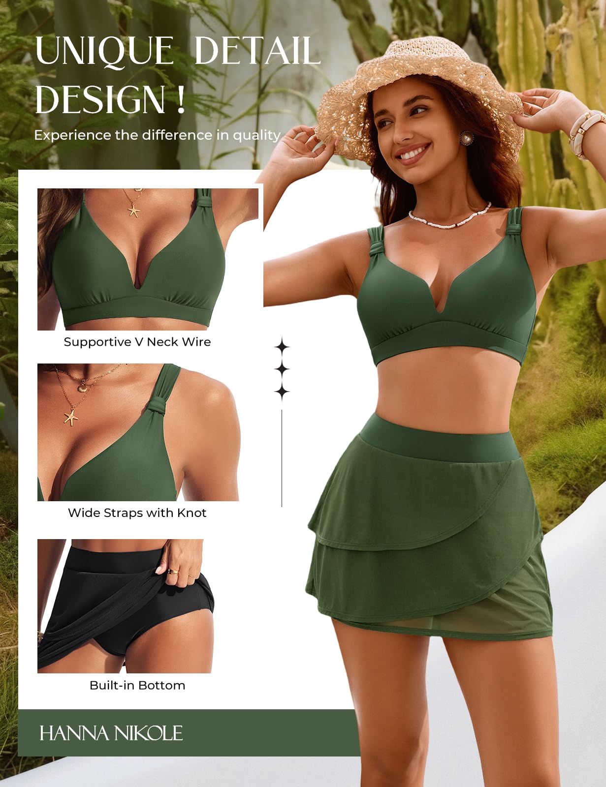 Hanna Nikole Bikini Damen Set,Badeanzug Damen Bauchweg,Push up Hochtailliert Bikinirock, Sexy Zweiteiliger Badeanzug aus Mesh mit V-Ausschnit - 5