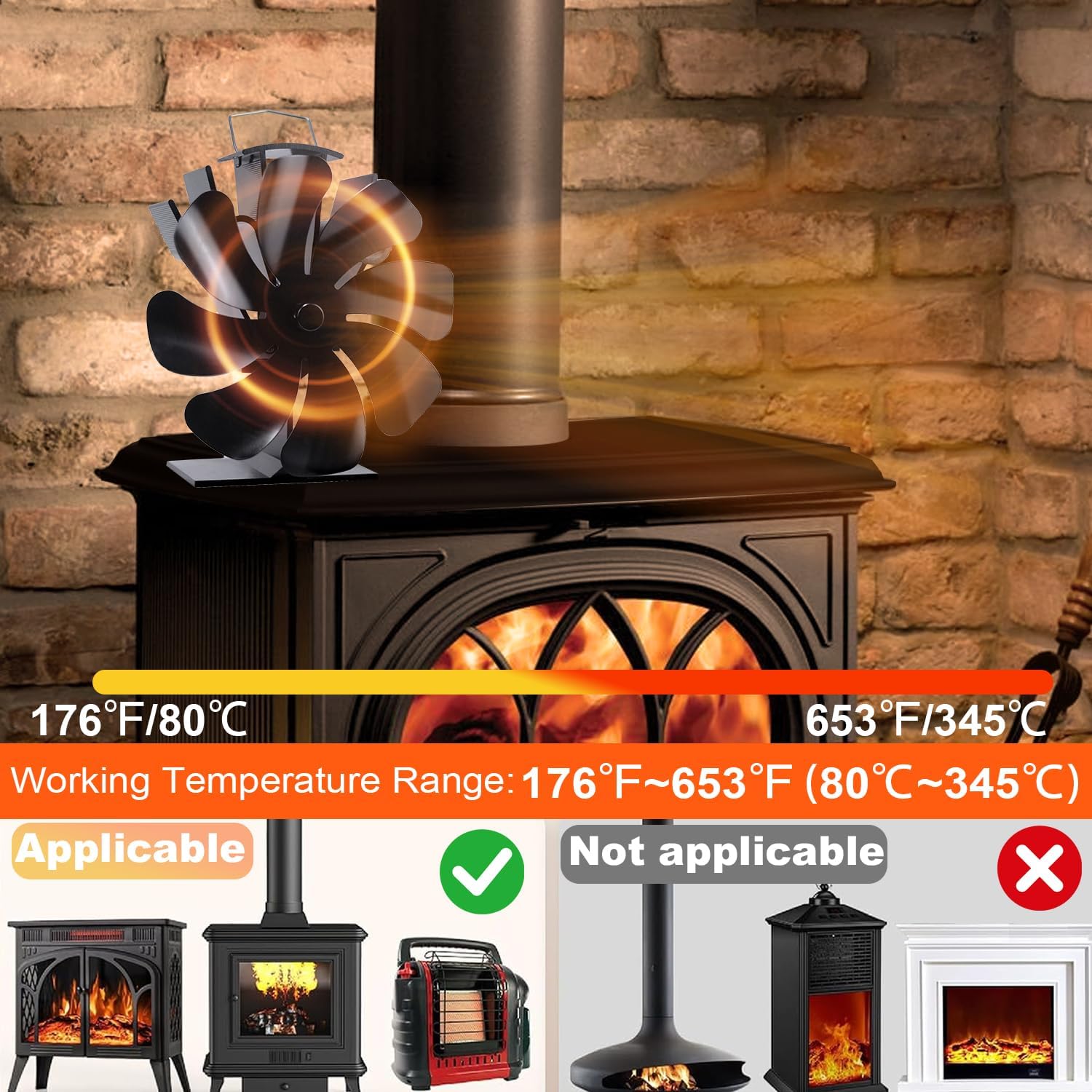 VODA Wood Stove Fan Heat Powered Fireplace Fans Non Electric, 8 Blades Heat Activated Thermal Fan for Wood Burning Stove/Log Burner, w/Stove Accessories Thermometer
