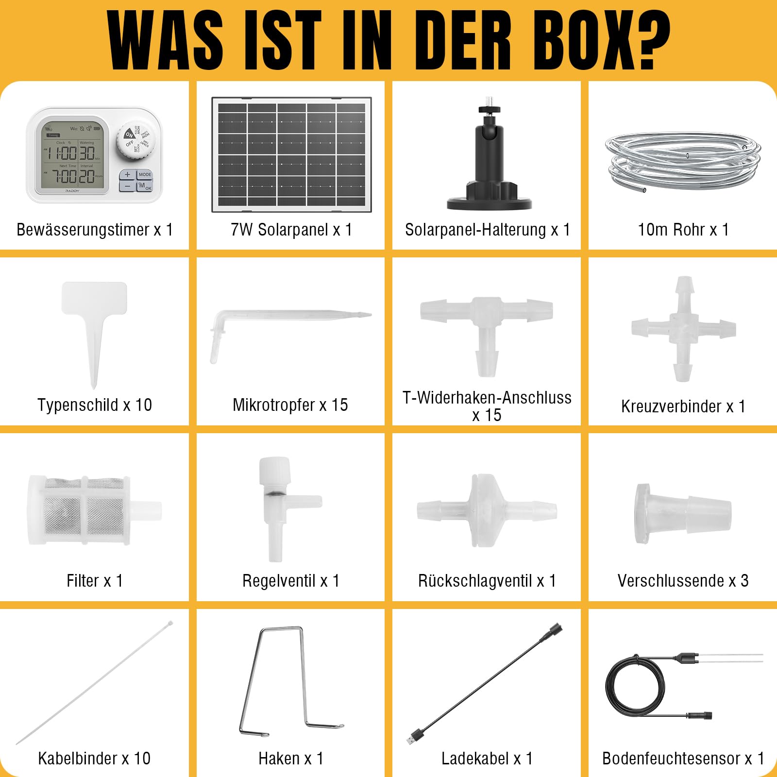 Raddy WS-7 Solar-Automatische Bewässerungssystem, IPX7-Wasserdichtigkeit, Bewässerung für 15 Topfpflanzen, mit Bodenfeuchtigkeitserkennung, 2600-mAh-Akku, Großes Display für Innen Außen, Balkon
