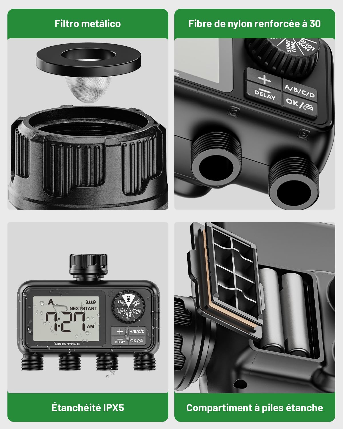 Unistyle Ordenador de riego de 4 salidas, reloj de riego automático, aspersor de césped, control de riego, sistema de riego para riego de jardín, temporizador de agua, riego de jardín