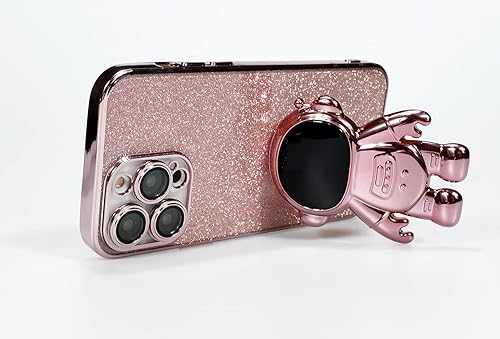 Miniatura 5 de KJArrow Funda rosa para iPhone 14 Pro con bonito soporte oculto de astronauta funda brillante para niñas chapado en 6D funda protectora de TPU suave