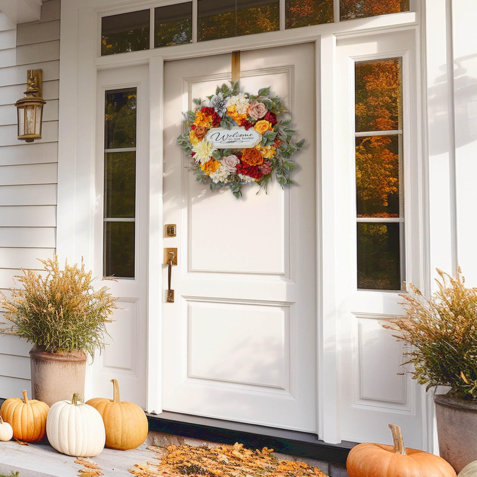 Couronne De Porte Automne 61 Cm Avec Hortensias, Feuilles Et Hibou - Déco Main Sur Base Vigne Naturelle - 13