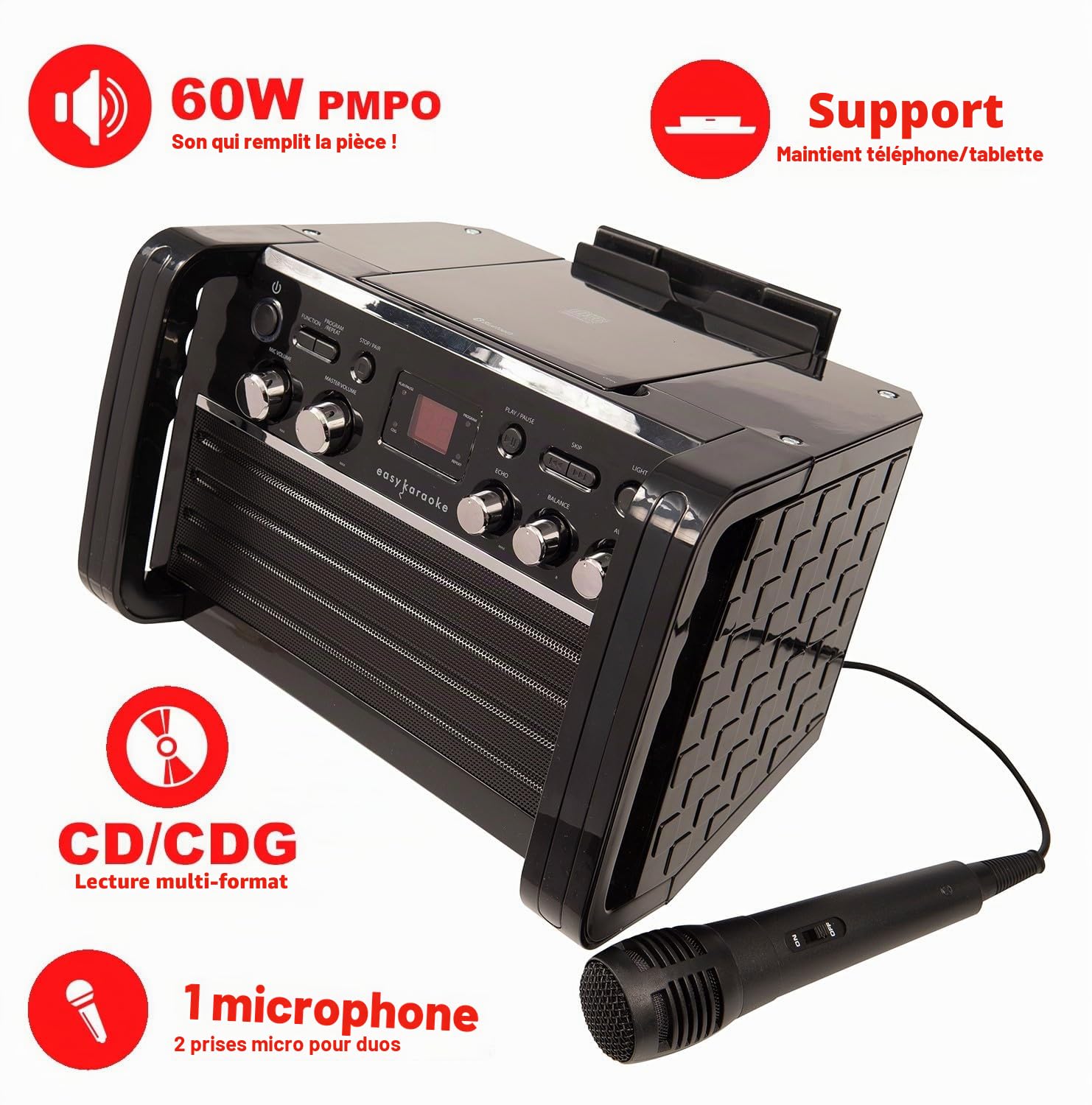 Easy Karaoke EKS213-BT Machine de karaoké Bluetooth CD+CDG avec lumières LED, Haut-Parleur intégré et 1 Microphone