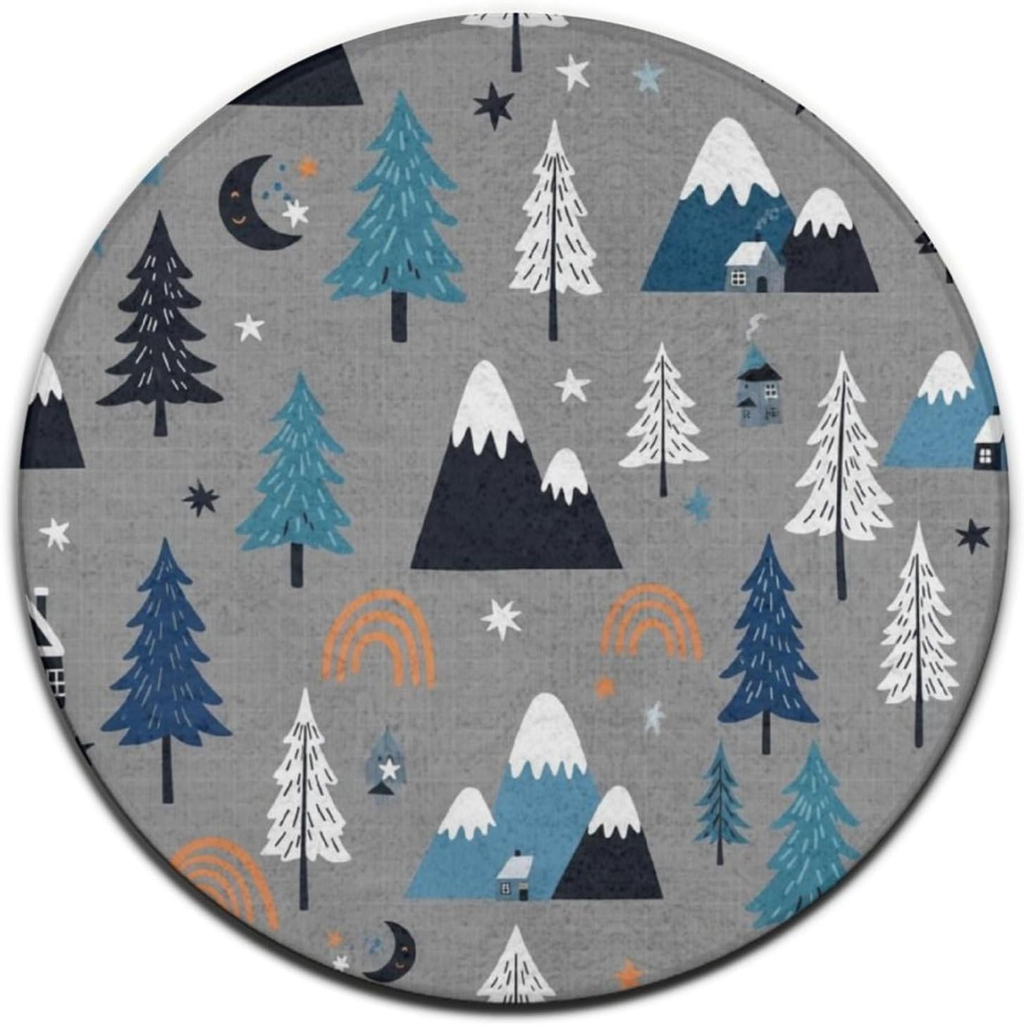 SWEET TANG Soft Round Area Rug Play Mat Circle Floor Mat Carpet Mat for Bedroom Living Room Nursery Decor, 5ft Diameter, Mountain Trees Grey Pattern, Diameter 60 Inch