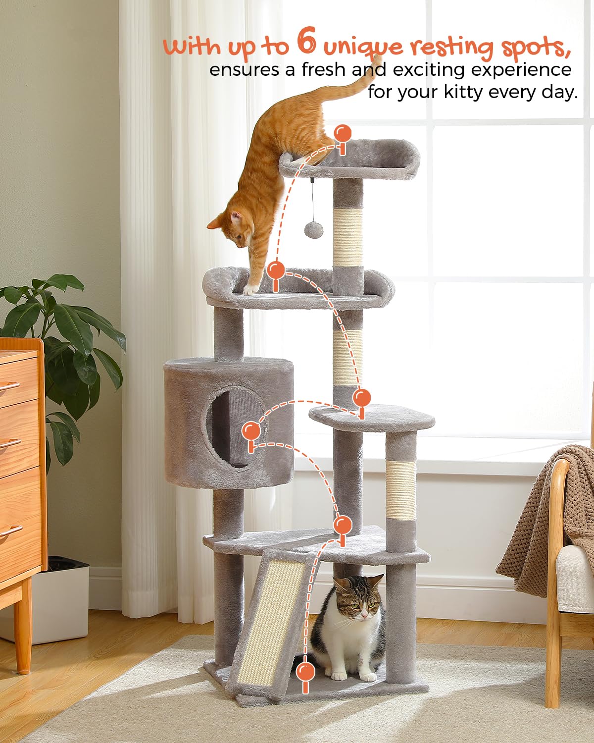PURRPURCAT 51.2” Cat Tree for Indoor Cats, Cat Climbing Tower with Scratching Post and Scratching Board, Cat Condo with Multi-Level Cat Resting Play Platforms Perches,Gray