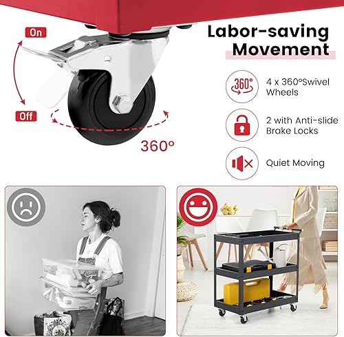 Miniatura 2 de Goplus Carrito utilitario de 3 niveles, carrito de herramientas de servicio comercial resistente con ruedas bloqueables, capacidad de carga de 330