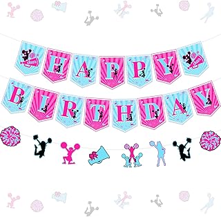 Cheerleading Happy Birthday Banner Hot Pink Blue - Cheerleader Bunting Banner Garland, Pre-Strung Cheerleading Birthday Party Decorations Rose Red for Girls Cheer Gymnastics Birthday Party Supplies