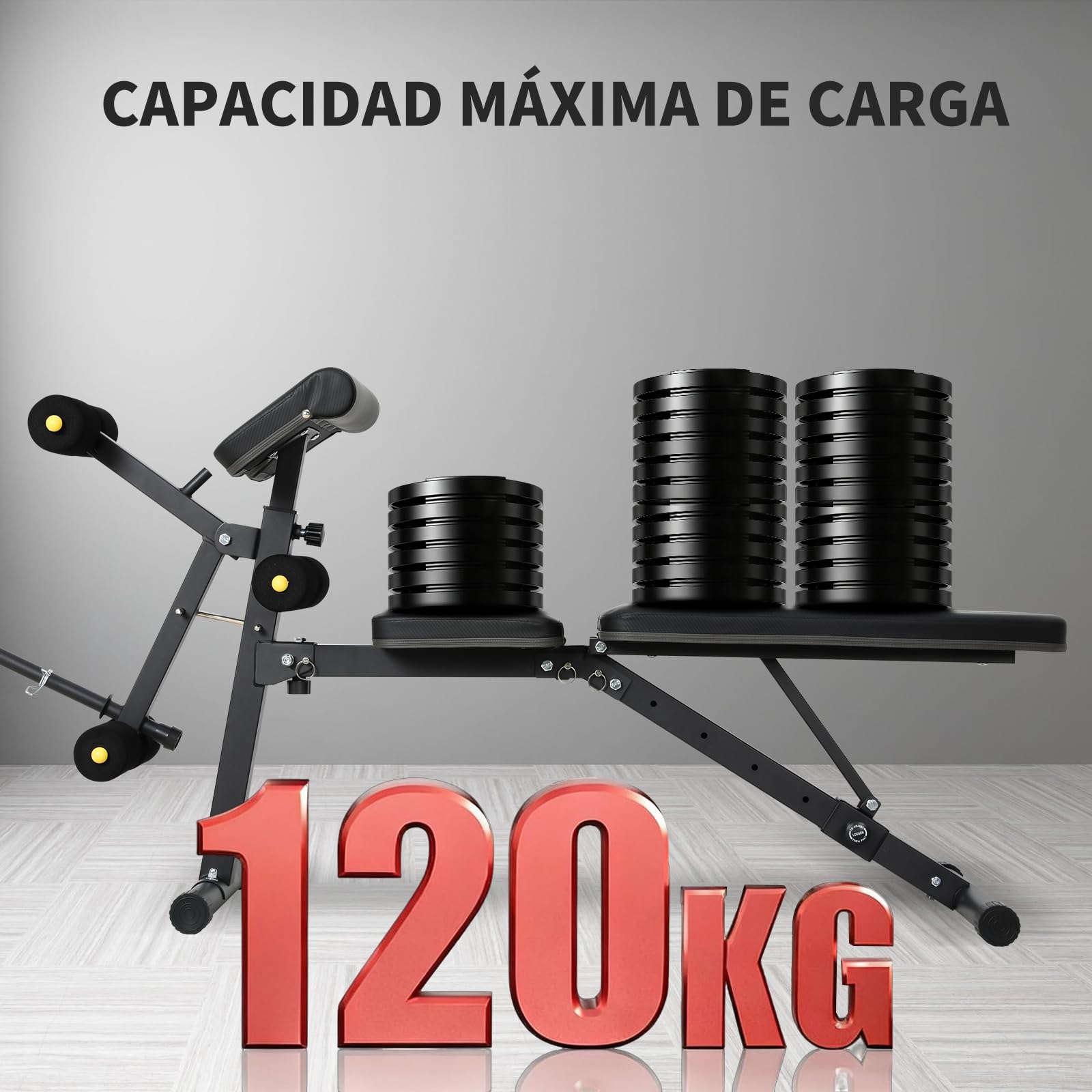 Banco Musculación Multifuncional con Respaldo Reclinable de 6 Posiciones, Banco De Pesas con cojín de predicador, Banco Pesas Plegable con extensión de piernas, Banco Abdominales,Banco Plano