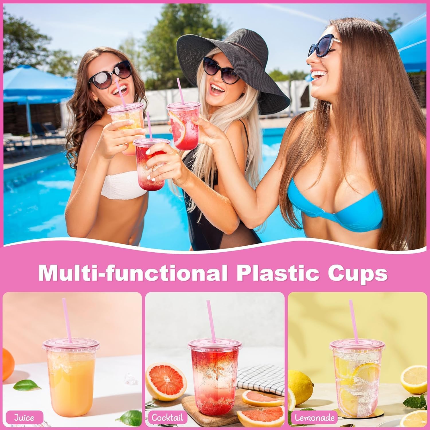 KesaPlan 100 Pack 16 oz Pink Plastic Party Cups with Lids and Straws, Disposable Iced Coffee Cup with Lids, Round Bottom Drinking Cups for Birthday Wedding Valentine's Galentine's Bachelorette Party