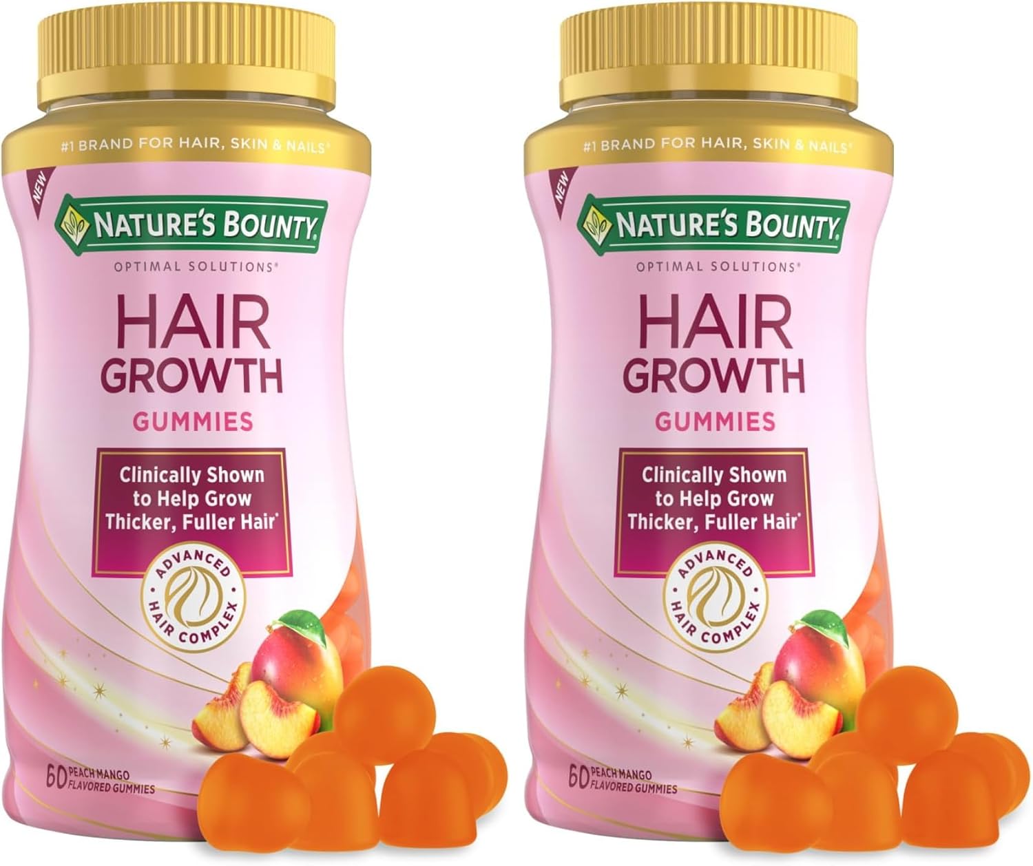 Nature's Bounty Hair Growth Gummies for Supporting Thicker, Fuller Hair with Biotin, Silicon & Arginine, Peach Mango Flavor – Gluten Free, Contains No Lactose, Sodium or Fish, 60 Count/30 Servings