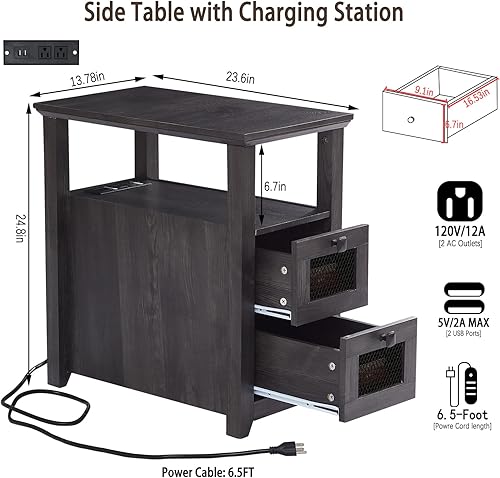 Miniatura 18 de Farmhouse - Mesa auxiliar XXL con estación de carga, mesa auxiliar estrecha con puertos USB y tomas, mesita de noche con 2 cajones de