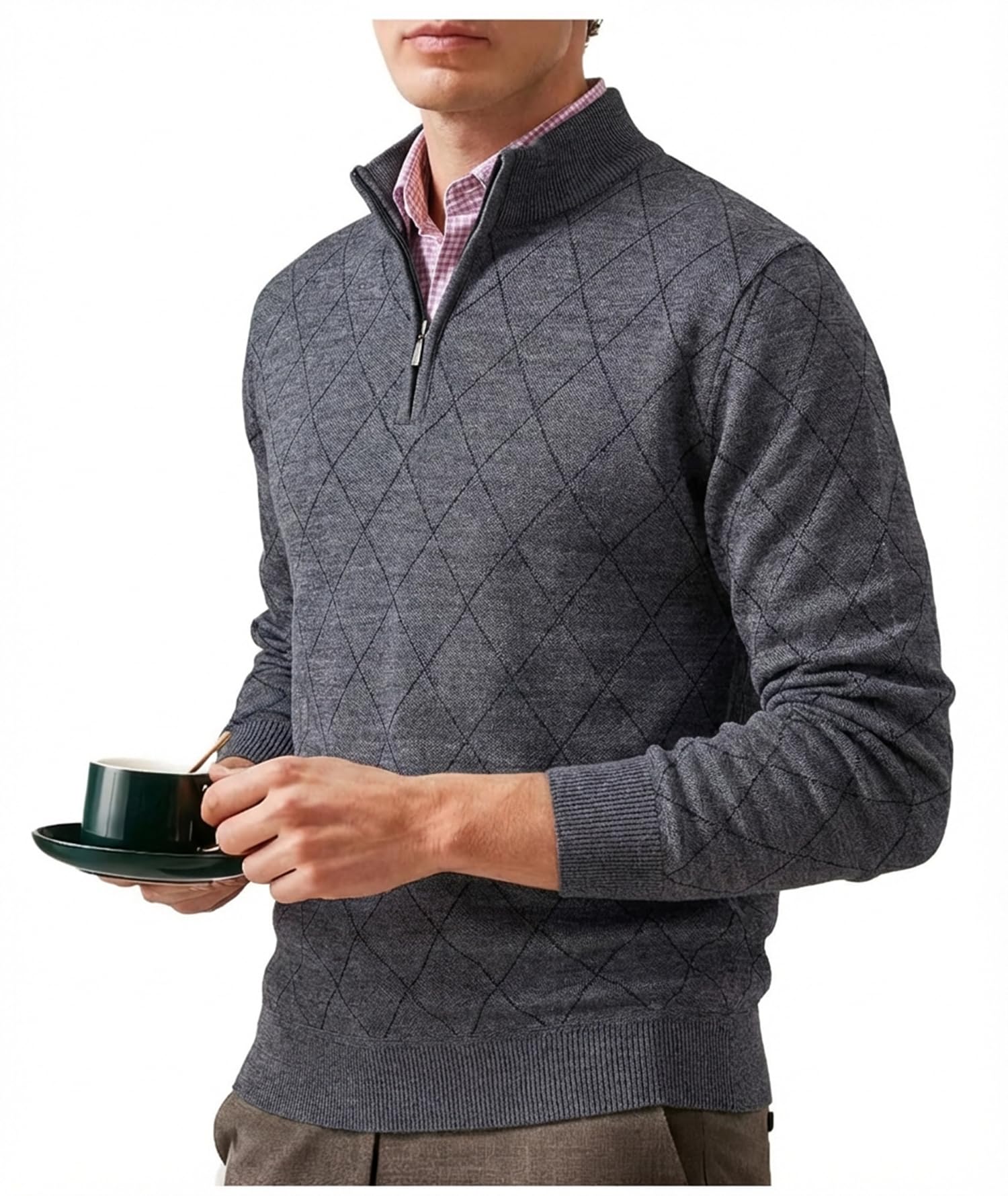 Jinsha Jersey Hombre Cuello Alto Primavera Invierno Sweater Pullover con 1/4 Cremallera Punto Moda Gris Negro Cálido Sueter para Hombre Suéter Ropa