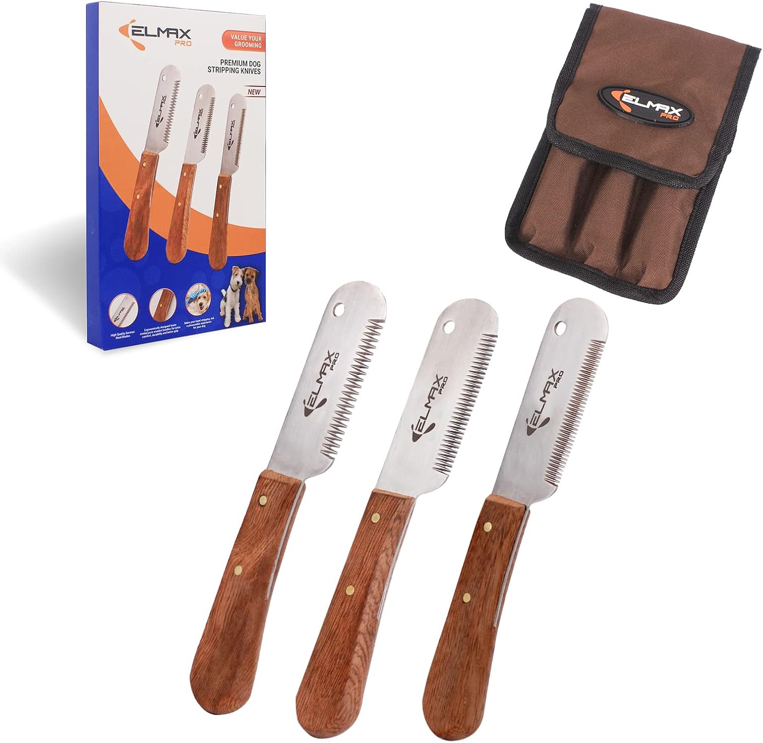 Elmax Pro Right-Handed Dog Stripping Knife - Stainless Steel Pre-Dulled Blades, Rosewood Handle for Undercoat Removal & Grooming