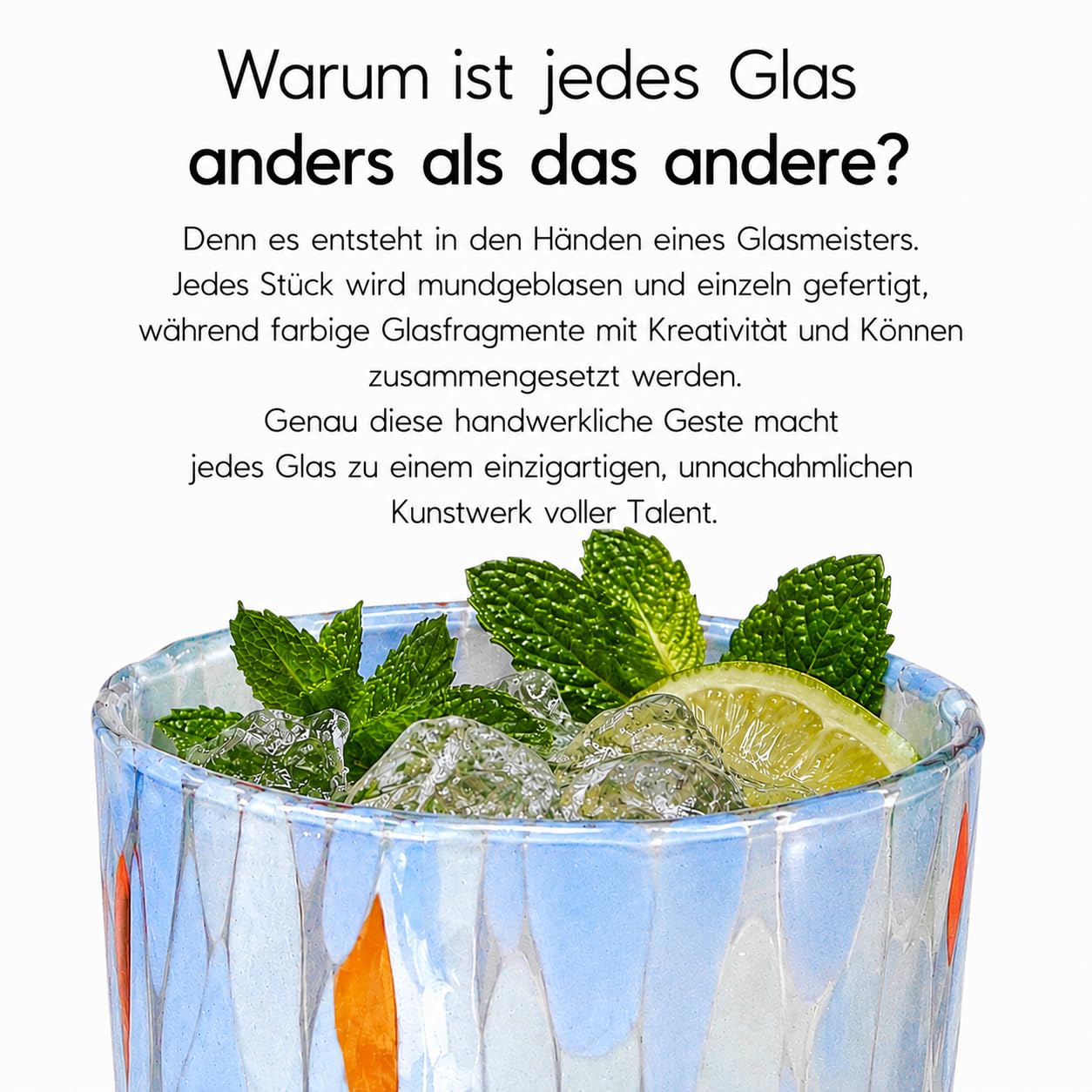 MAZZEGA ART & DESIGN – 6 farbige Gläser, mundgeblasen aus Muranoglas, geeignet für Wasser, Erfrischungsgetränke und Cocktails, 395 ml, 12 cm hoch. Hergestellt in Italien. (6, MIX)