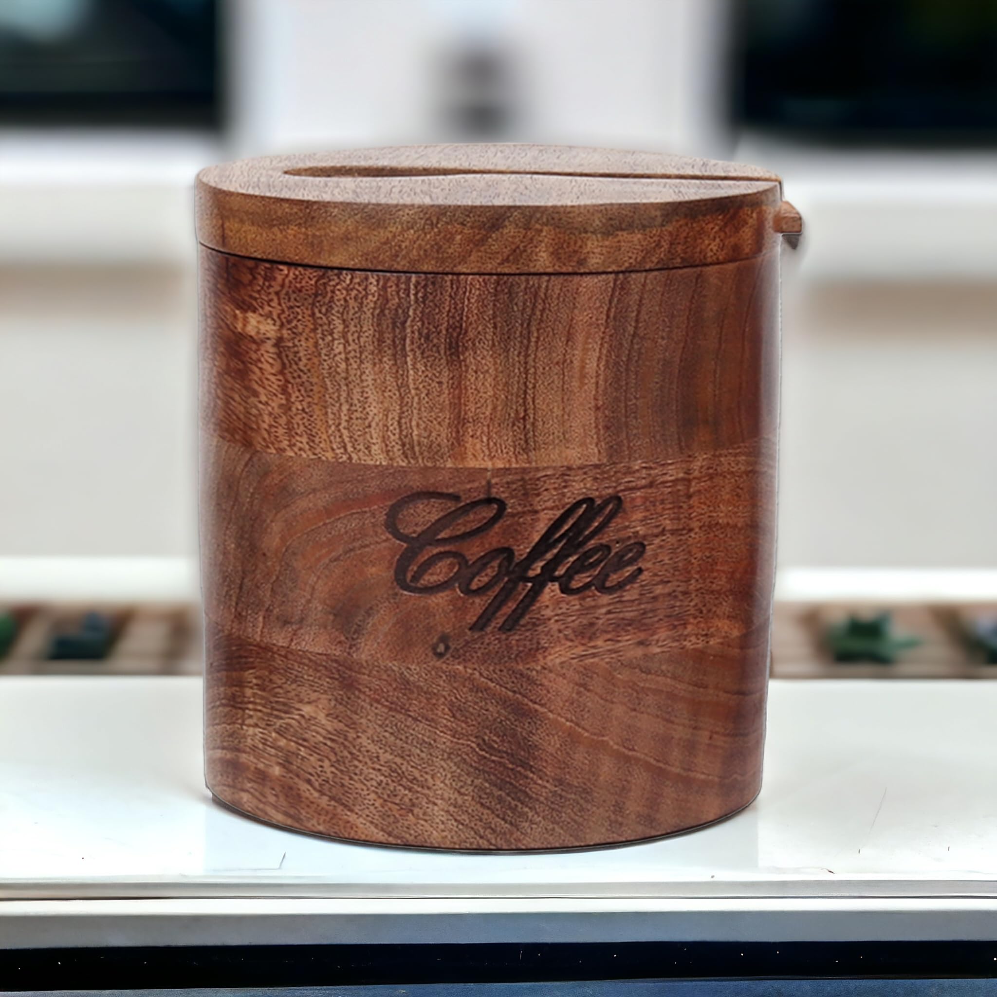 Creation India CraftHandmade Wooden Jar for Tea, Sugar & Coffee, Wooden Tea and Coffee Container, Kitchen Decor Wooden Jar - Text Engraved, Single or Multi Pack. (Coffee Jar), Brown