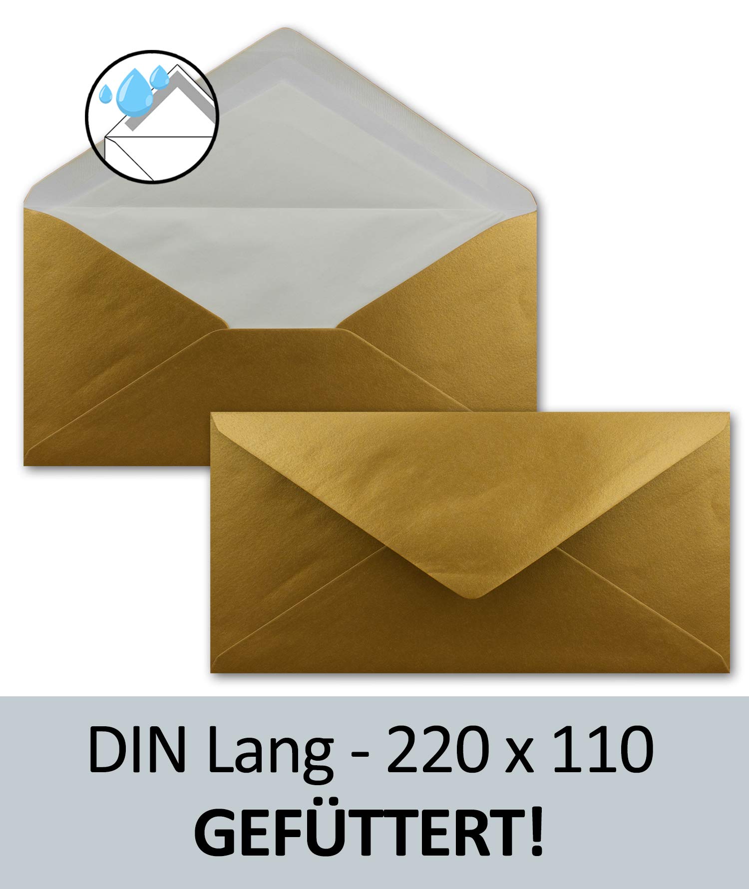 1000 x DIN Lang Briefumschläge - Gold mit weißem Seidenfutter - 11x22 cm - 100 g/m² - ideal für Einladungen, Weihnachtskarten, Glückwunschkarten aus der Serie Farbenfroh