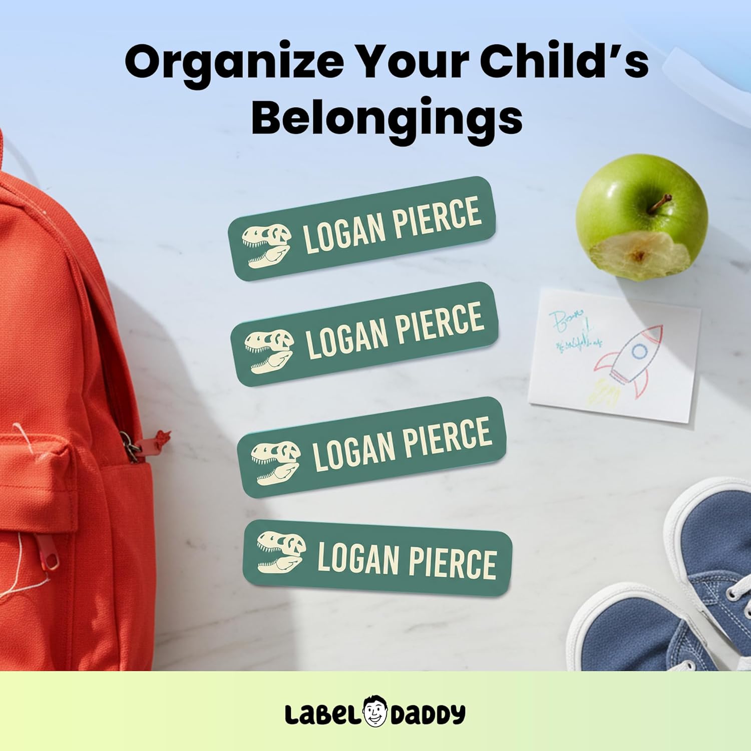 Label Daddy Personalized Waterproof Name Labels for Boys – Custom Kid's Labels for School & Camp – No Iron Needed – Durable for Bottles, Backpacks, Shoes & More – 80 Ct or 160 Ct | T-Rex Design