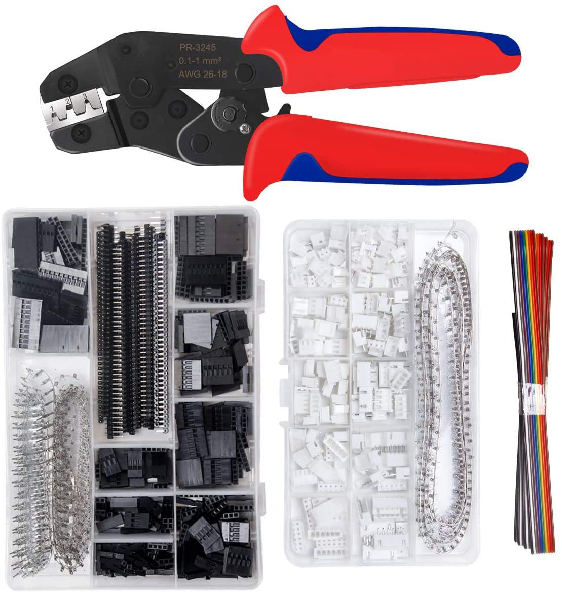 SQINAA Crimping Tool Kit, Ratcheting Crimper Plier Set with 1550PCS 2.54mm Dupont Connectors and 460pcs 2.54mm JST-XH Connectors for AWG 26-18(0.1-1mm²)