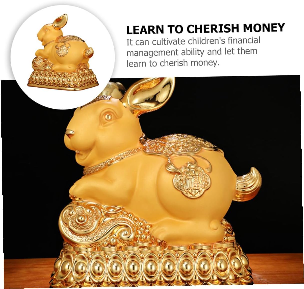 Uonlytech Large Capacity Golden Rabbit Saving Pot Coin Bank for Home Office Decor Fine Detail Feng Shui Piggy Bank Money Box for Adults and Bedroom Living Study Decoration
