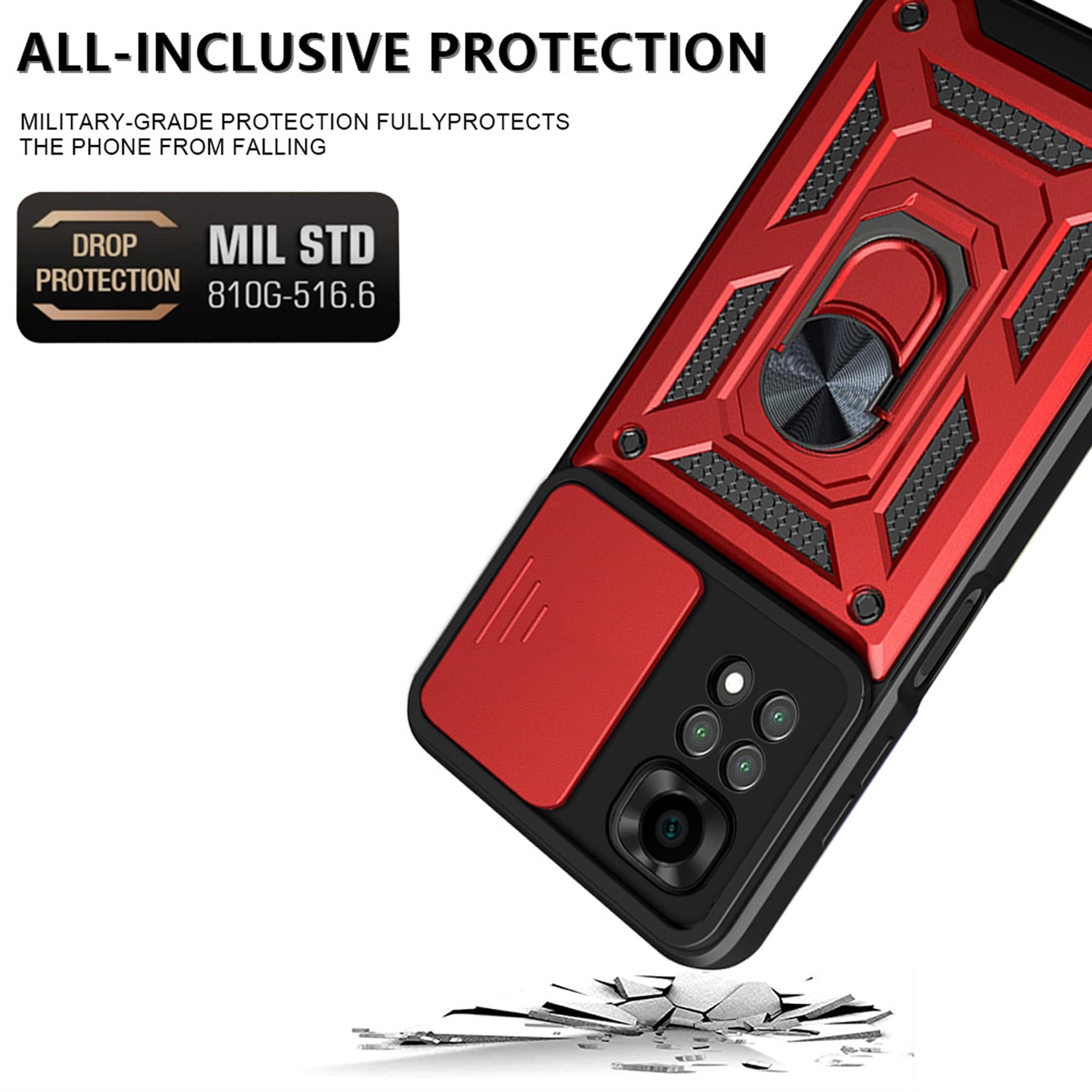 BOKYAS per Custodia Xiaomi Redmi Note 12 5G con Custodia per Fotocamera Scorrevole e Supporto per Anello [Cover Anti-Caduta Compatibile con Supporto Magnetico per Auto], Nero