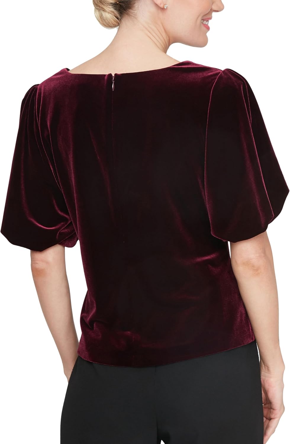 Alex Evenings Womens Velvet Square Neck Blouse with Puff Sleeve and Embellished Detail - Image 2