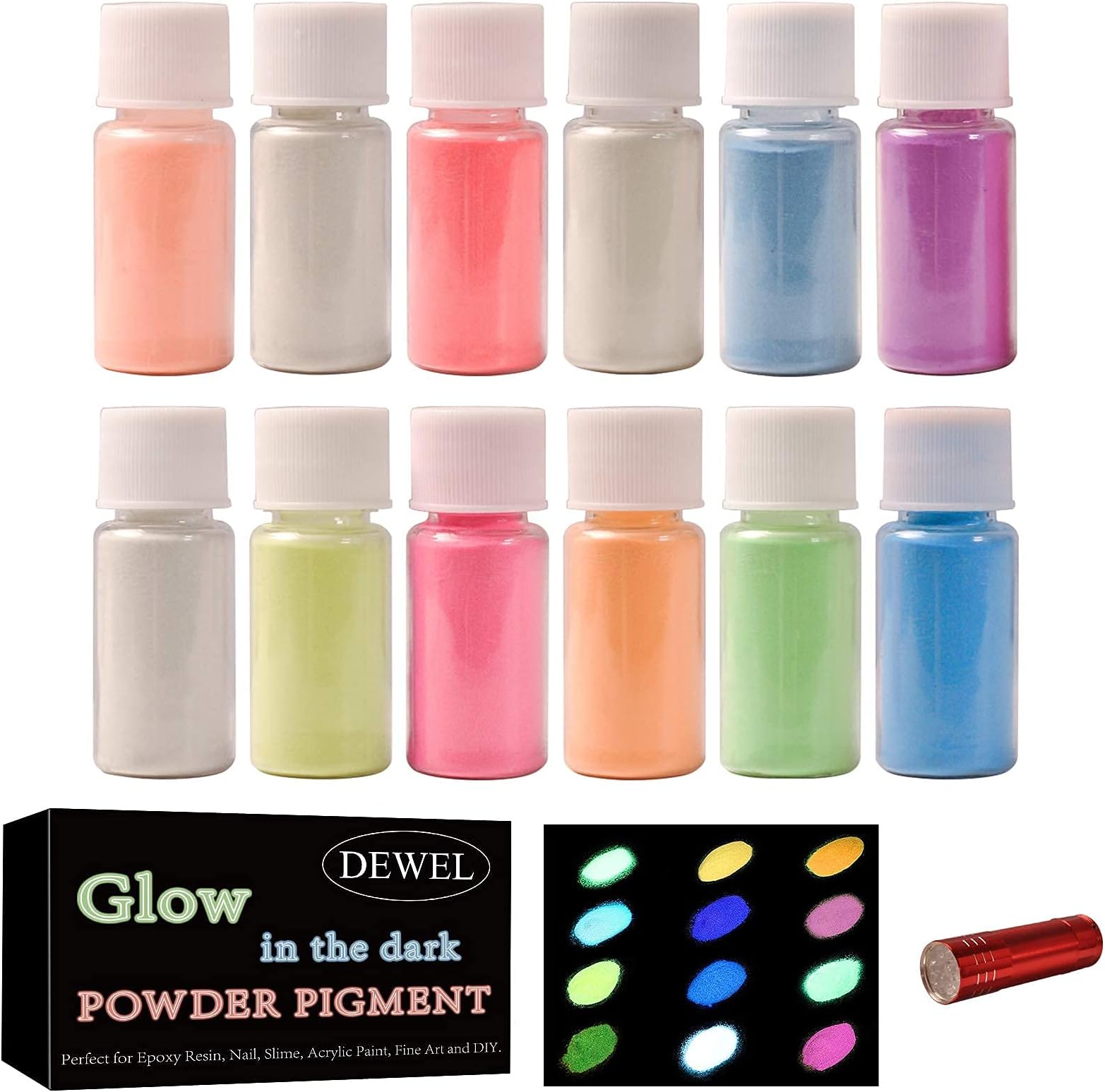 DEWEL 12 Color Glow in The Dark Pigment Powder, Premium Luminous Powder with Lamp - Epoxy Resin Luminous Powder for Slime, Long Lasting Self Glowing Dye for DIY Nail Art, Fine Art, 0.7oz Each