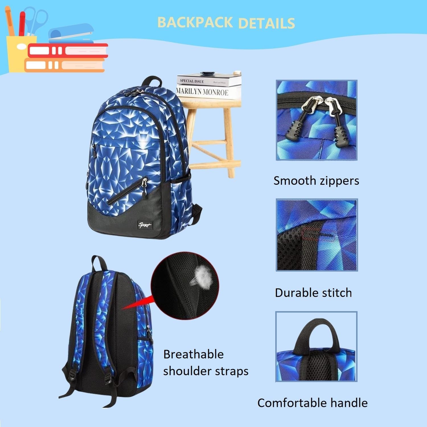 Soccer-Print Boys Backpack for School Kids Bookbag for Elementary Football Bag for Teens - Image 4