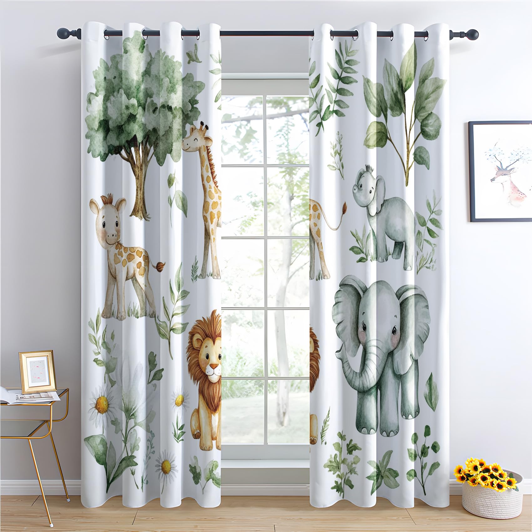 Blickdichte Vorhänge Safari Tier Vorhang, Thermovorhang Kälteschutz Gardinen Cartoon Giraffen Löwen Elefanten Ösen Verdunkelungsvorhang für Schlafzimmer Wohnzimmer, 145x140 cm(Hxb) 2er Set