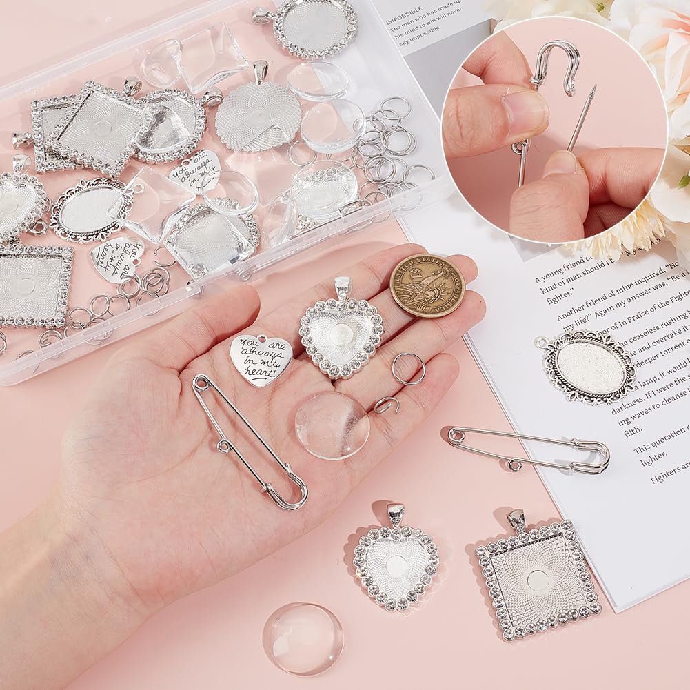 UNICRAFTALE 4 Sets 4 Styles Wedding Bouquet DIY Photo Charm Bouquet Memorial Bridal Charm Oval Round Pin Brooch Making Kit Heart Memorial Locket Cabochon Pendants for Wedding Party Bridal Shower - Image 2