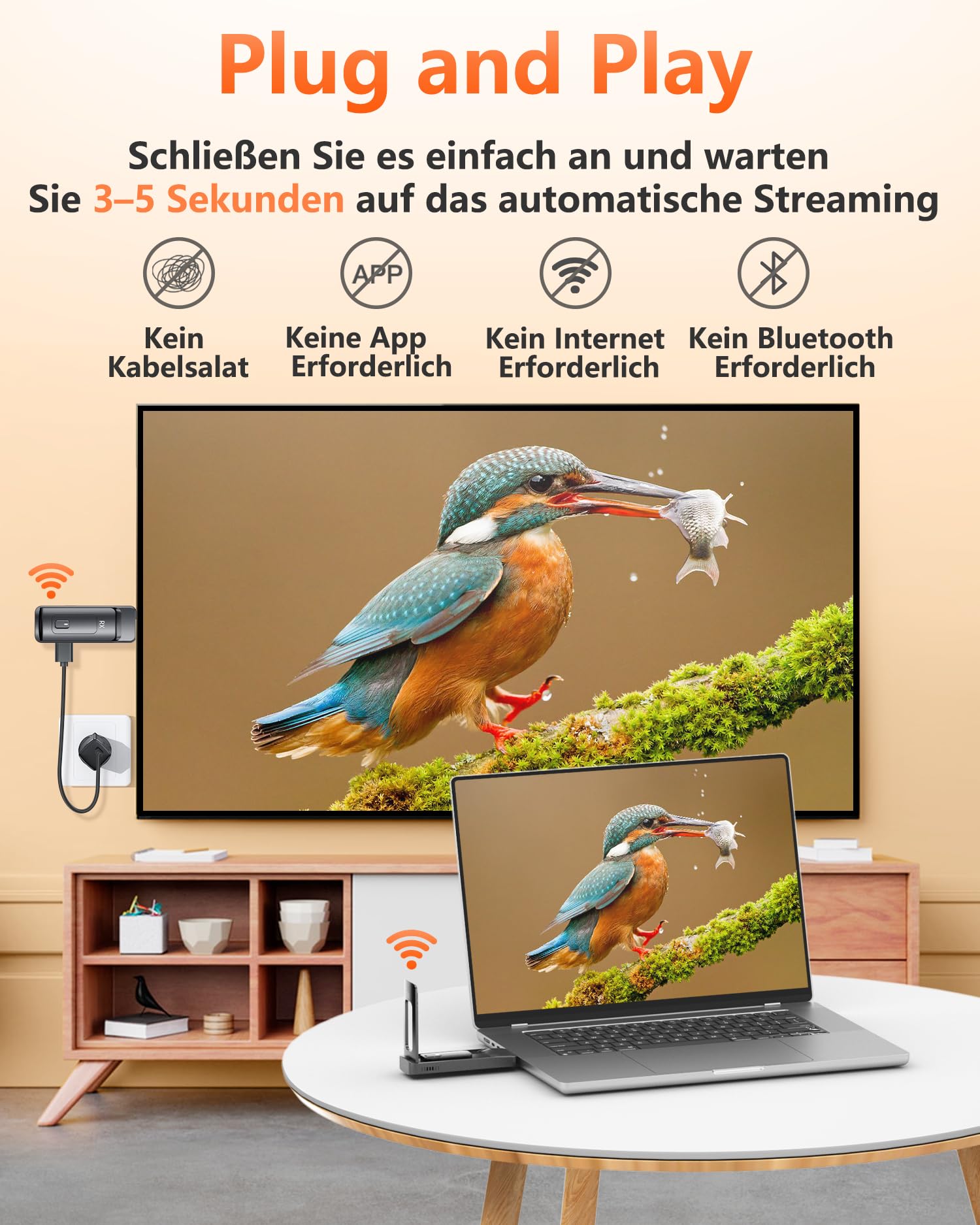 2026 AIMIBO Wireless HDMI Transmitter and Receiver, 5G HDMI Funkübertragung auf bis zu 6 TVs, 4K-Eingang 1080p@60Hz mit Faltbare Antenne für Laptop/PC/TV Box/CCTV auf mehrere TV/Monitor/Beamer-50M