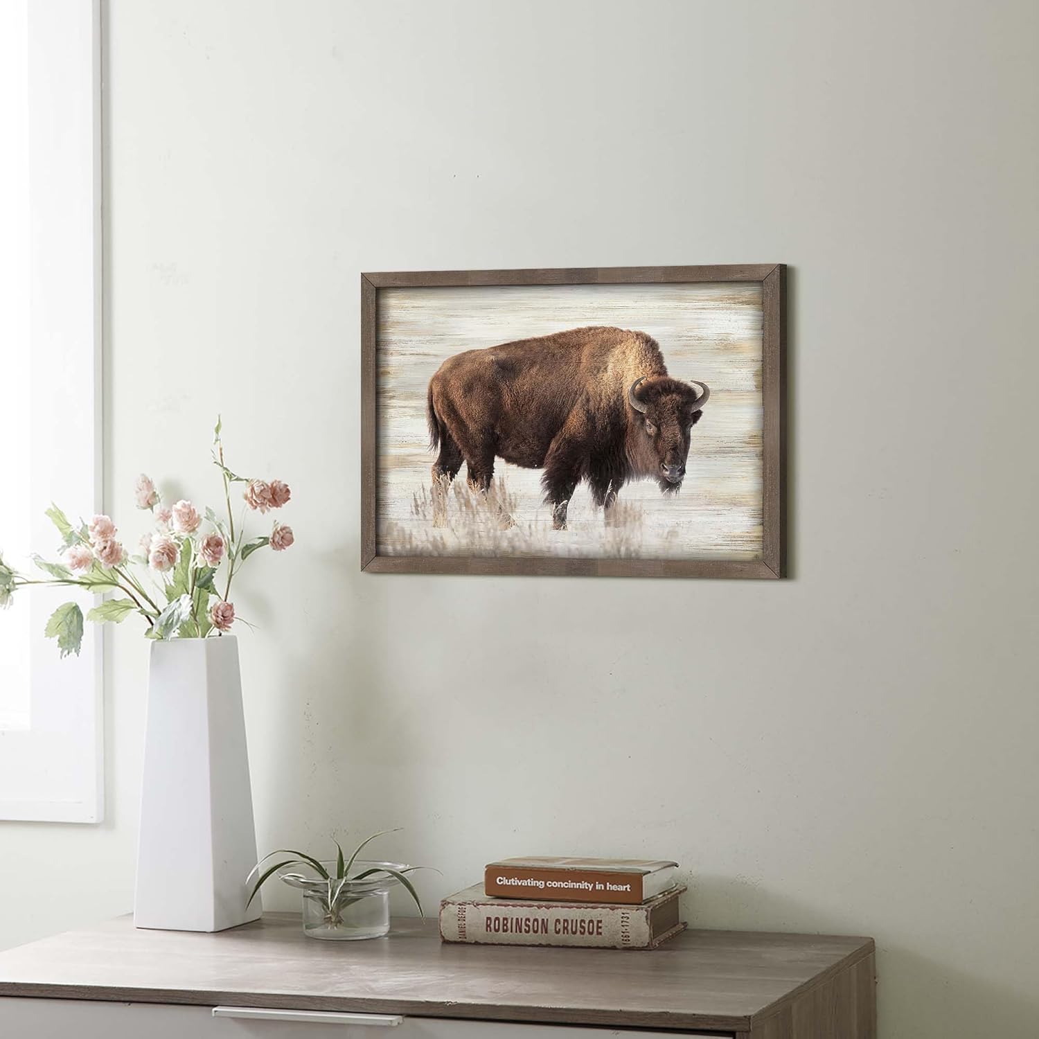 American Bison Framed Wall Art - Rustic Wildlife Picture Animals Painting Buffalo Prints Brown Wild Life Wooden Artwork for Dining Room