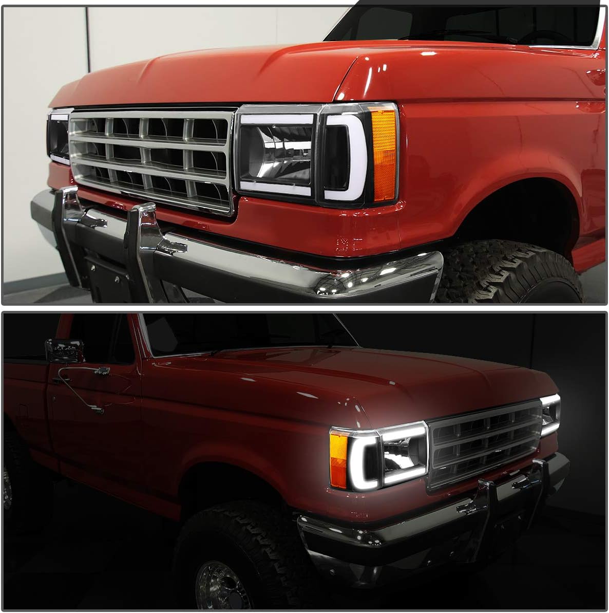 Auto Dynasty LED DRL Black Housing Amber Corner Projector Headlight w/Bumper Lamps+Tool Kit Compatible with F150-350 Bronco 87-91