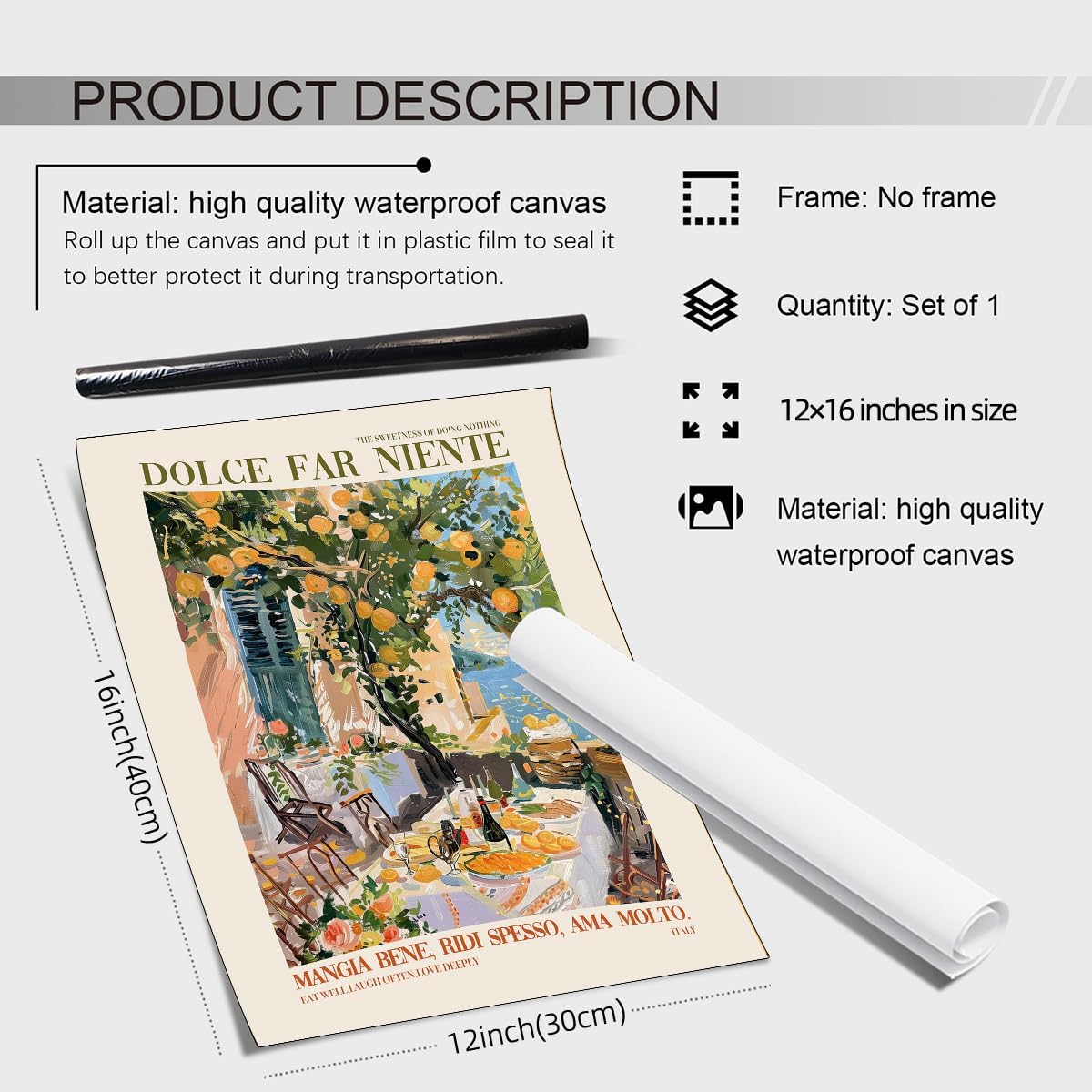 Ltaly Al Fresco Canvas Wall Art Fashion Travel Posters Ltalian Amalfi Home Decor Dolce Far Niente Quote Artwork 12X16 inch Unframed Vintage Wine Food Prints for Dining Room Kitchen image 2