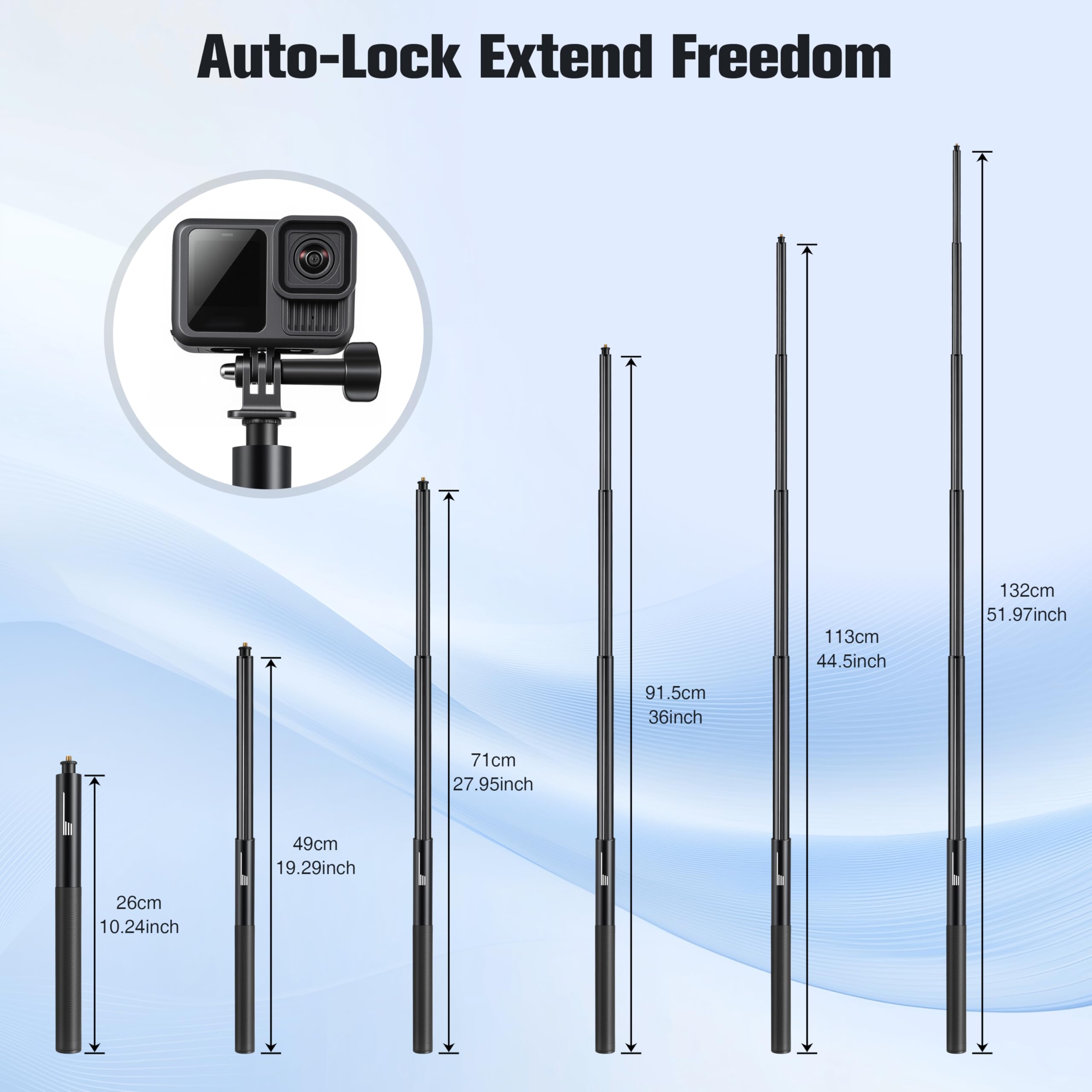 132 cm niewidoczny kijek do selfie do Insta360 X5/X4 Air Aluminium do GoPro 13/12/11 do DJI Osmo360/Action 6 5 Pocket 3 akcesoria, przedłużacz kijek do selfie z podwójnymi pazurami