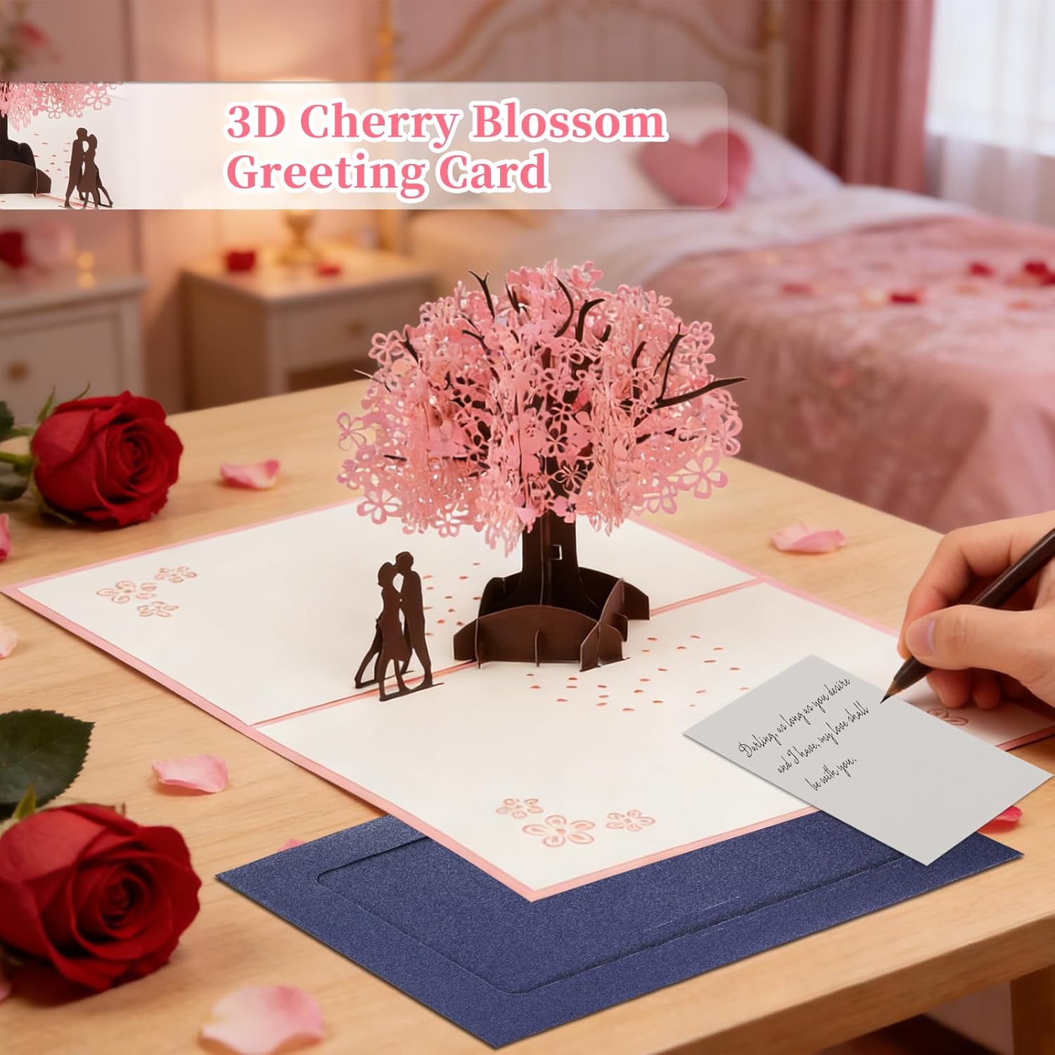 Pop Up Anniversary Card, 3D Cherry Blossom Love Tree Hearts Couple Wedding Card, Anniversary Greeting Cards for Romantic Love Gift to Her, Him, Husband, Wife, Mother’s Day - Image 5